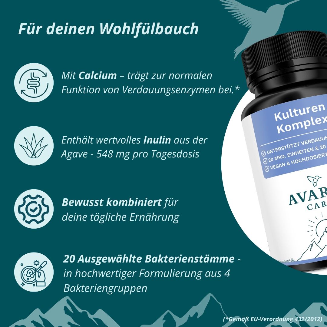 AVARIA CARE® Kulturen Komplex – 20 Bakterienstämme – hochdosiert – mit Calcium & Inulin – vegan