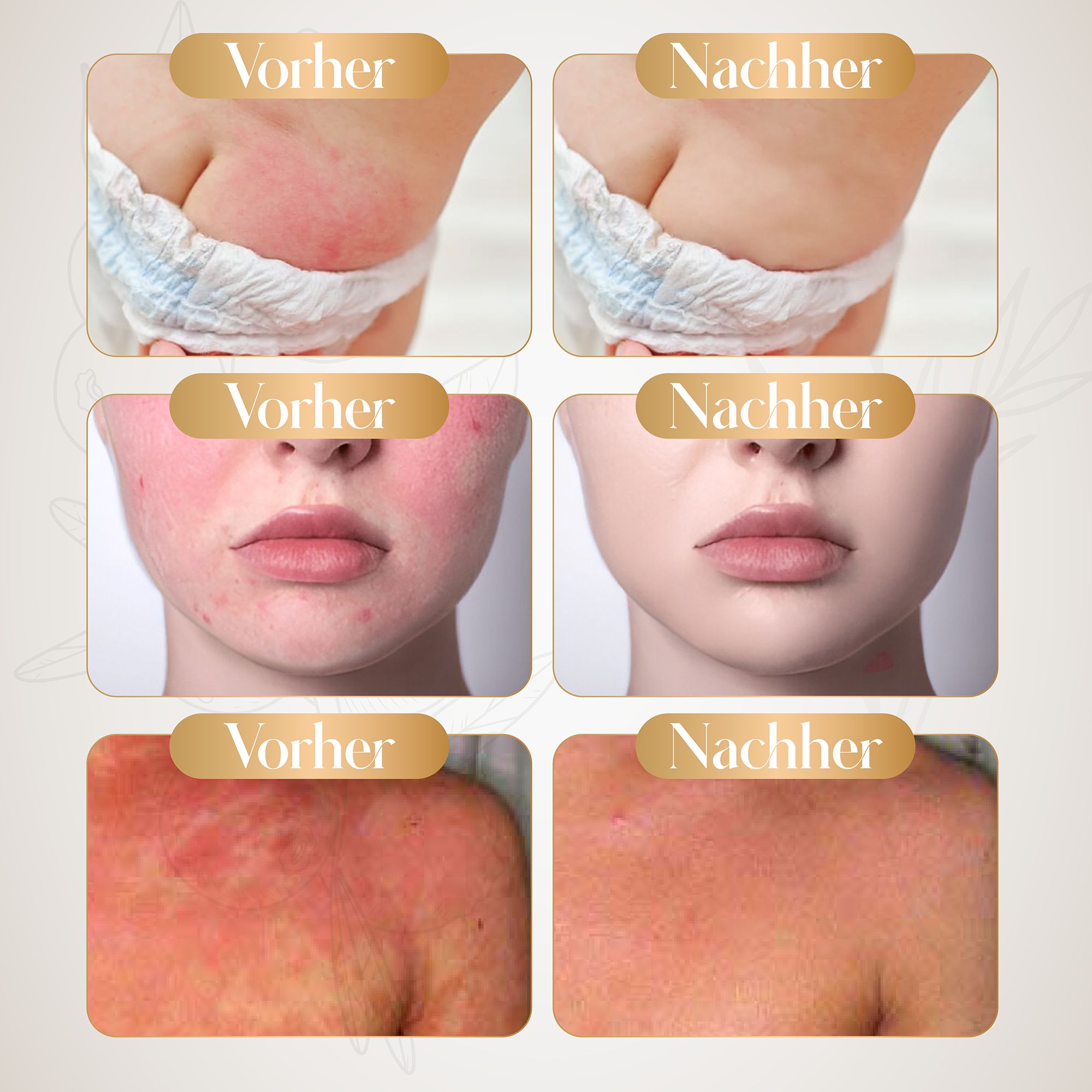 Vorher-Nachher-Bilder. Hautausschlag, Rötungen, Hautirritationen. Text: Vorher, Nachher.