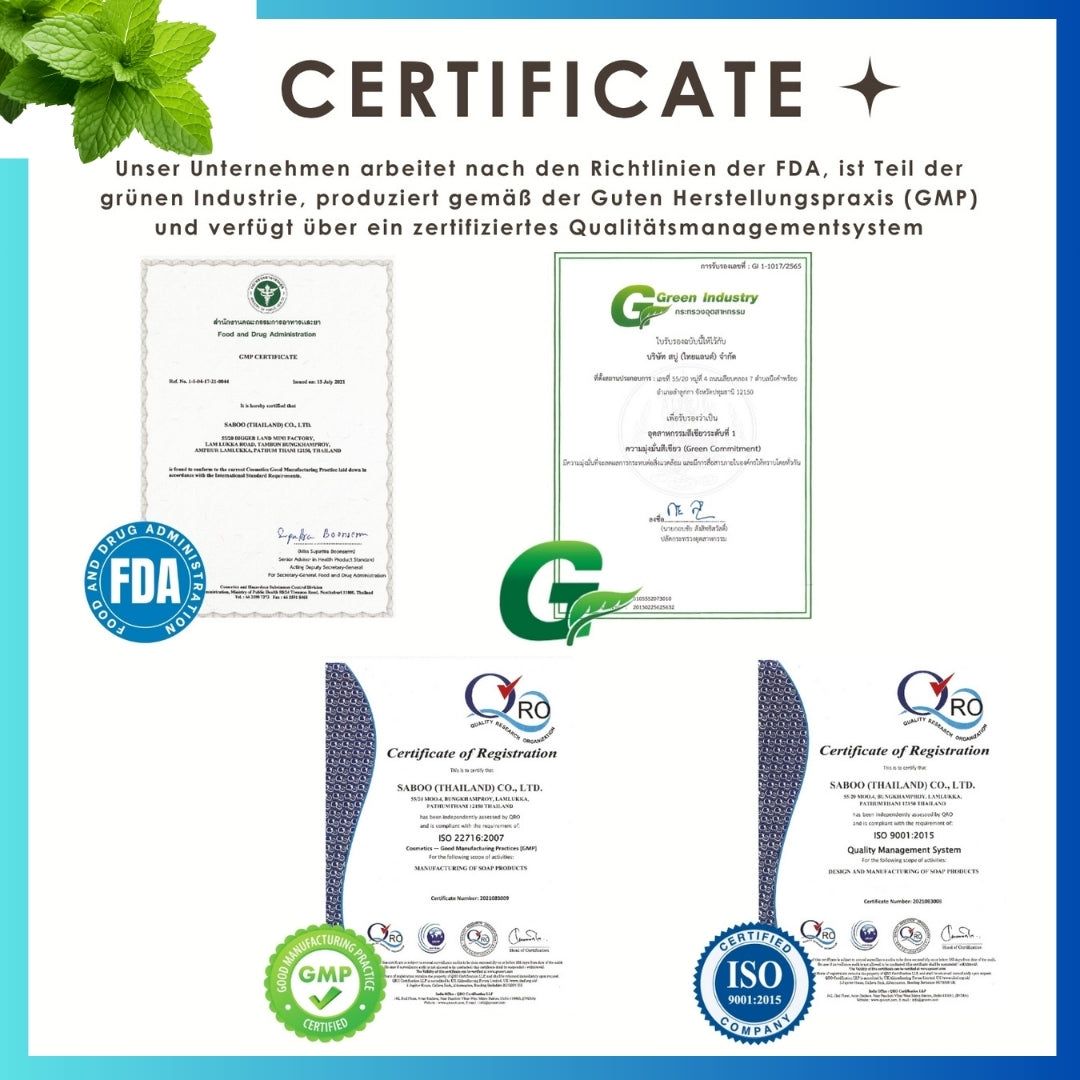 Zertifikate und Logos. FDA, GMP, ISO 9001. Text über die Herstellung nach GMP-Richtlinien.