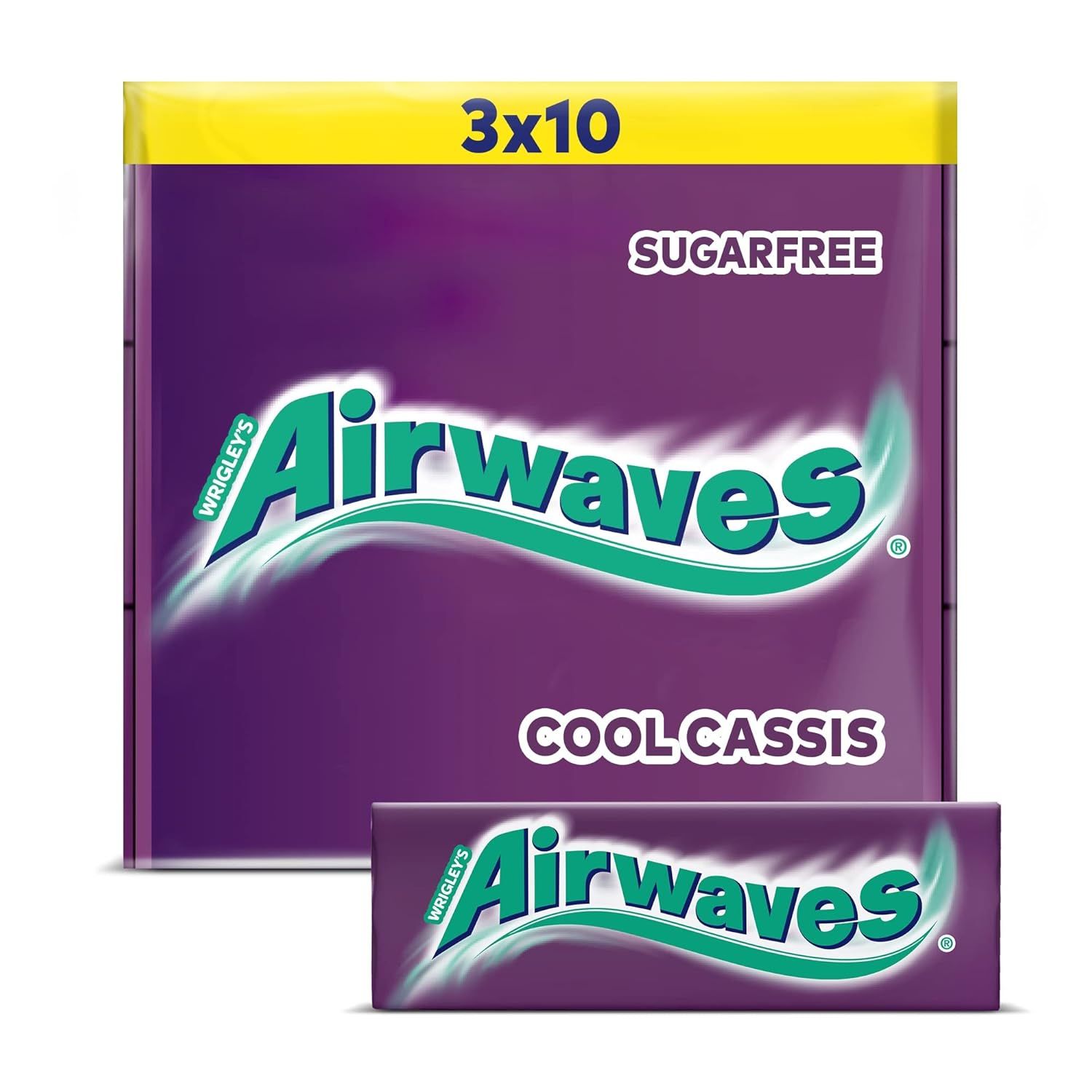 Packung AIRWAVES Cool Cassis, 3x10 Stück. Violette Verpackung mit Schriftzug und Logo. Einzelne Packung darunter.