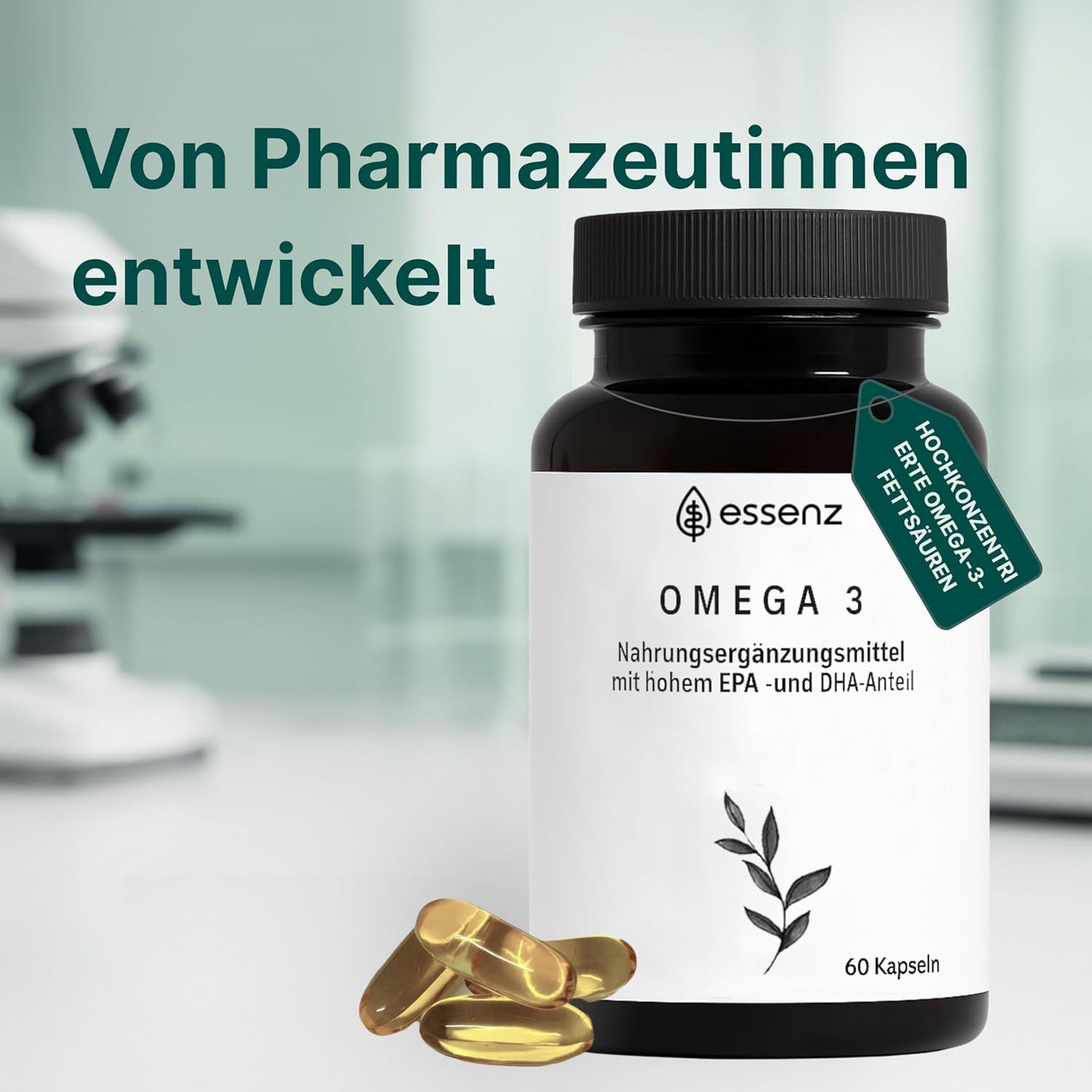 Braune Flasche ESSENZ Omega 3 mit 60 Kapseln. Aufschrift: Nahrungsergänzungsmittel. Etikett mit grünem Anhänger: Hochkonzentrierte Omega-3-Fettsäuren. Laborhintergrund.