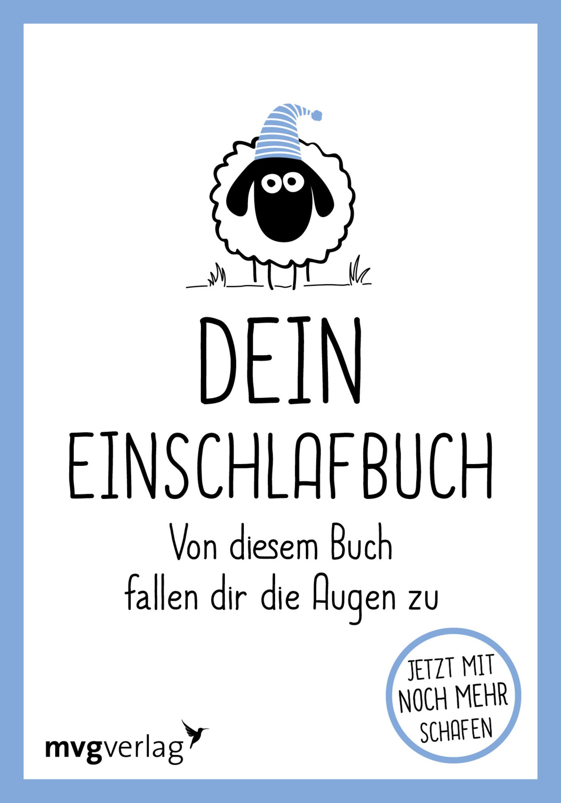 Buchcover mit Schaf-Illustration und Titel "Dein Einschlafbuch". Blaue Umrandung, Logo "mvgverlag".