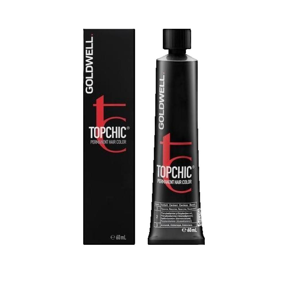 Goldwell Topchic Haarfarbe, Tube und Verpackung. Schwarze Tube mit roter Schrift. Verpackung links.