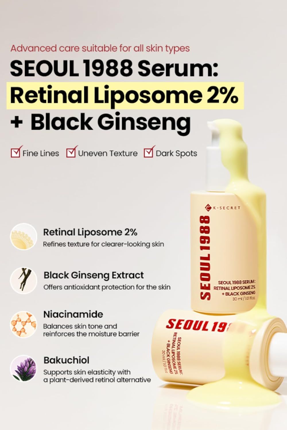 Zwei Flaschen Serum. Aufschrift: SEOUL 1988. Text: Retinal Liposome 2% + Black Ginseng. Gelbe Creme tritt aus.