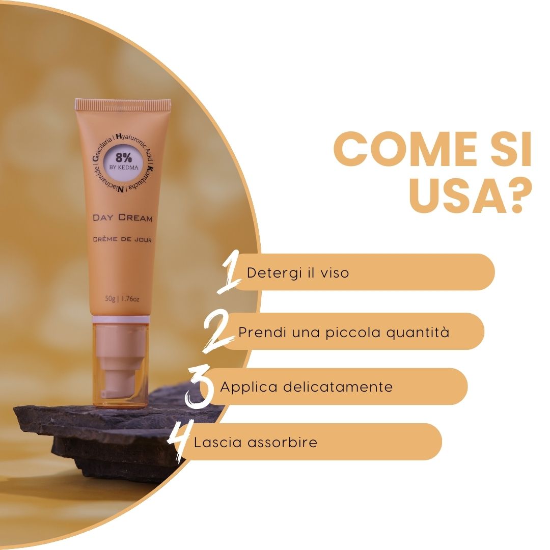 Tubo di crema giorno su pietra. 4 passaggi: pulire, applicare, lasciare assorbire.
