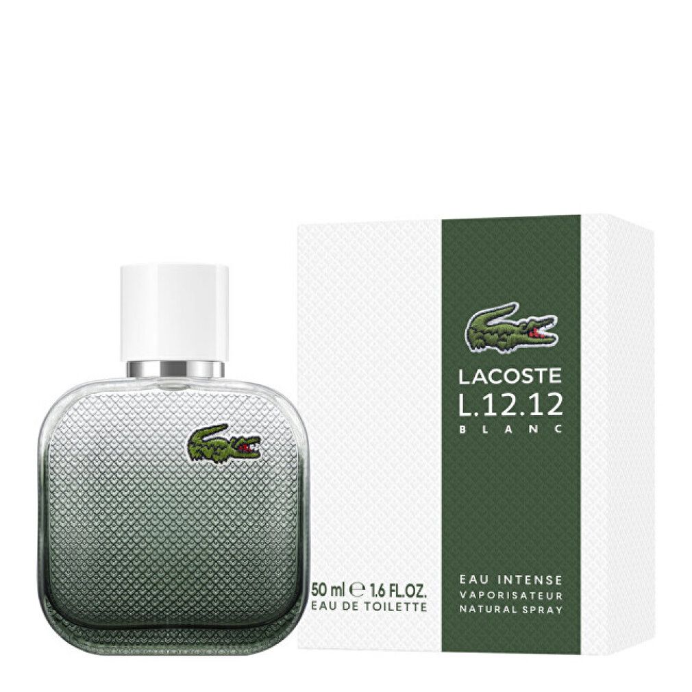 Lacoste L.12.12 Blanc Eau Intense Natural Spray 50ml mit Krokodil-Logo und Verpackung.