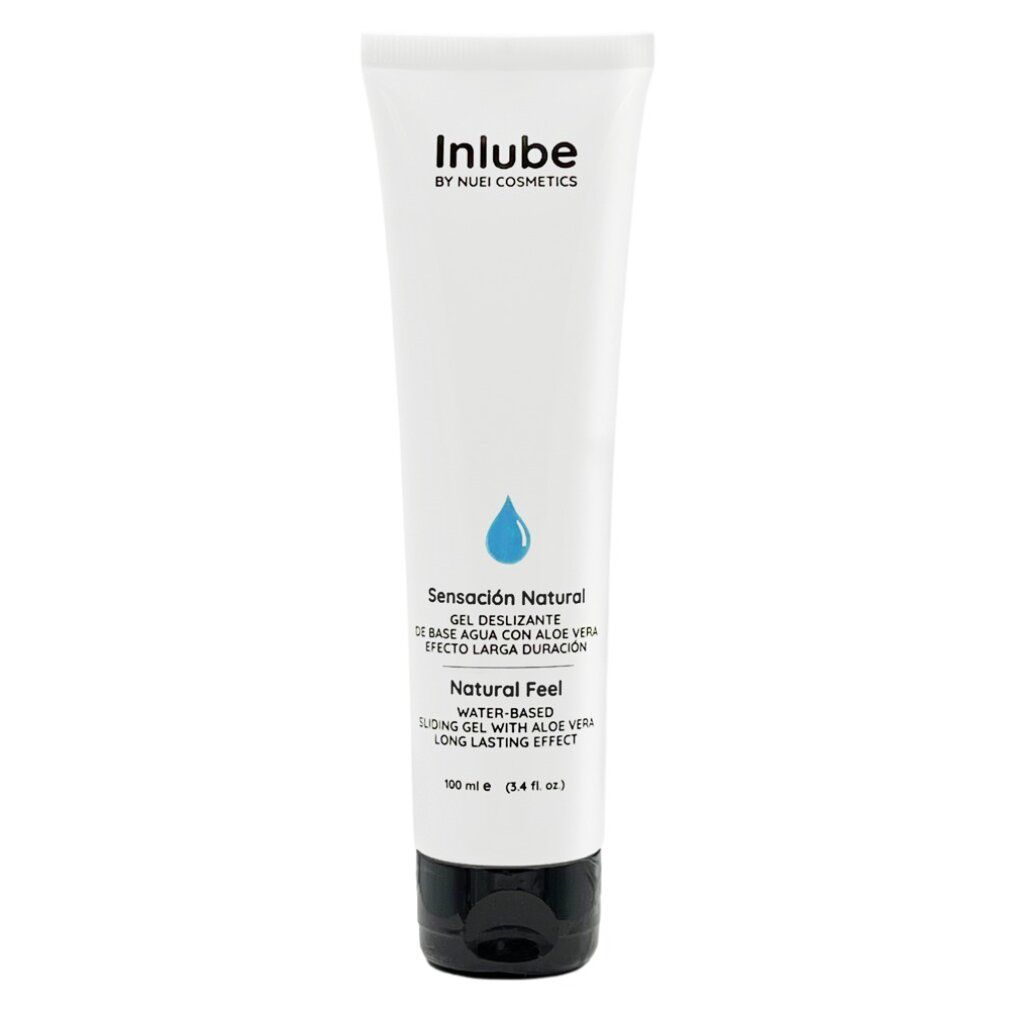 Weiße Tube mit schwarzem Deckel. Aufschrift: INLUBE, Sensación Natural, Natural Feel. Tropfensymbol. 100 ml.