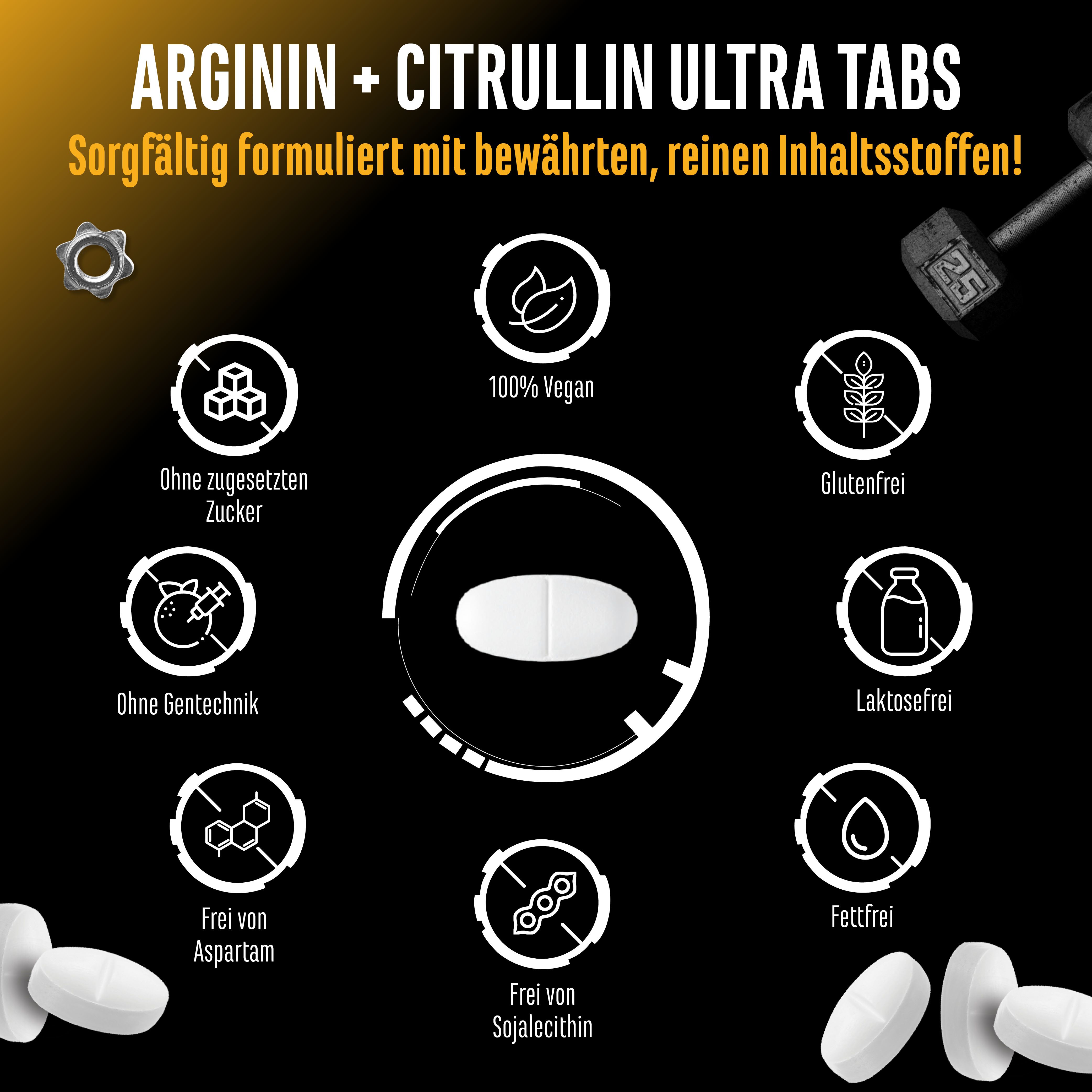 Grafik mit Text: ARGININ + CITRULLIN ULTRA TABS. Ohne Zucker, ohne Gentechnik, ohne Aspartam, 100% Vegan, glutenfrei, laktosefrei, fettfrei, sojafrei.