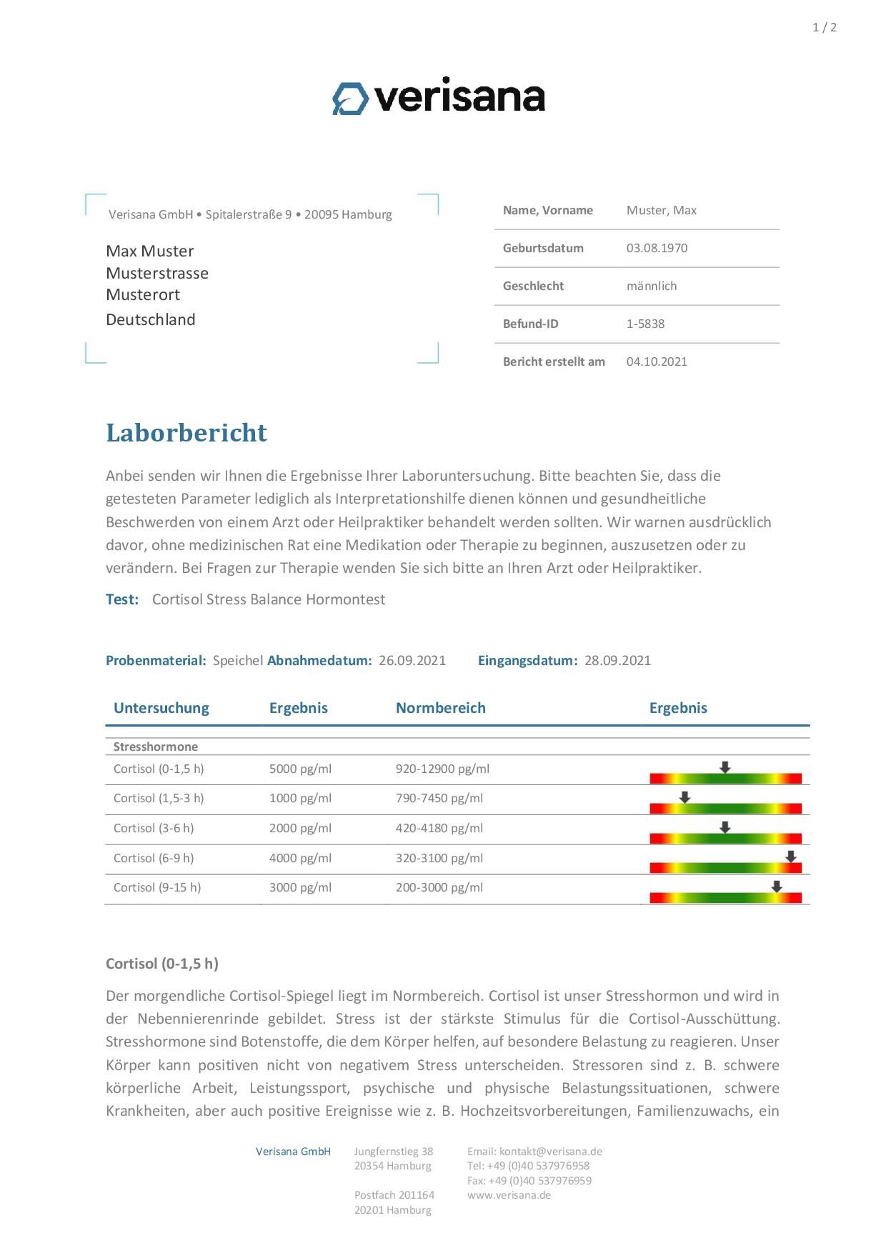 Laborbericht mit Testergebnissen. Enthält Informationen zu Stresshormonen und Normbereichen.