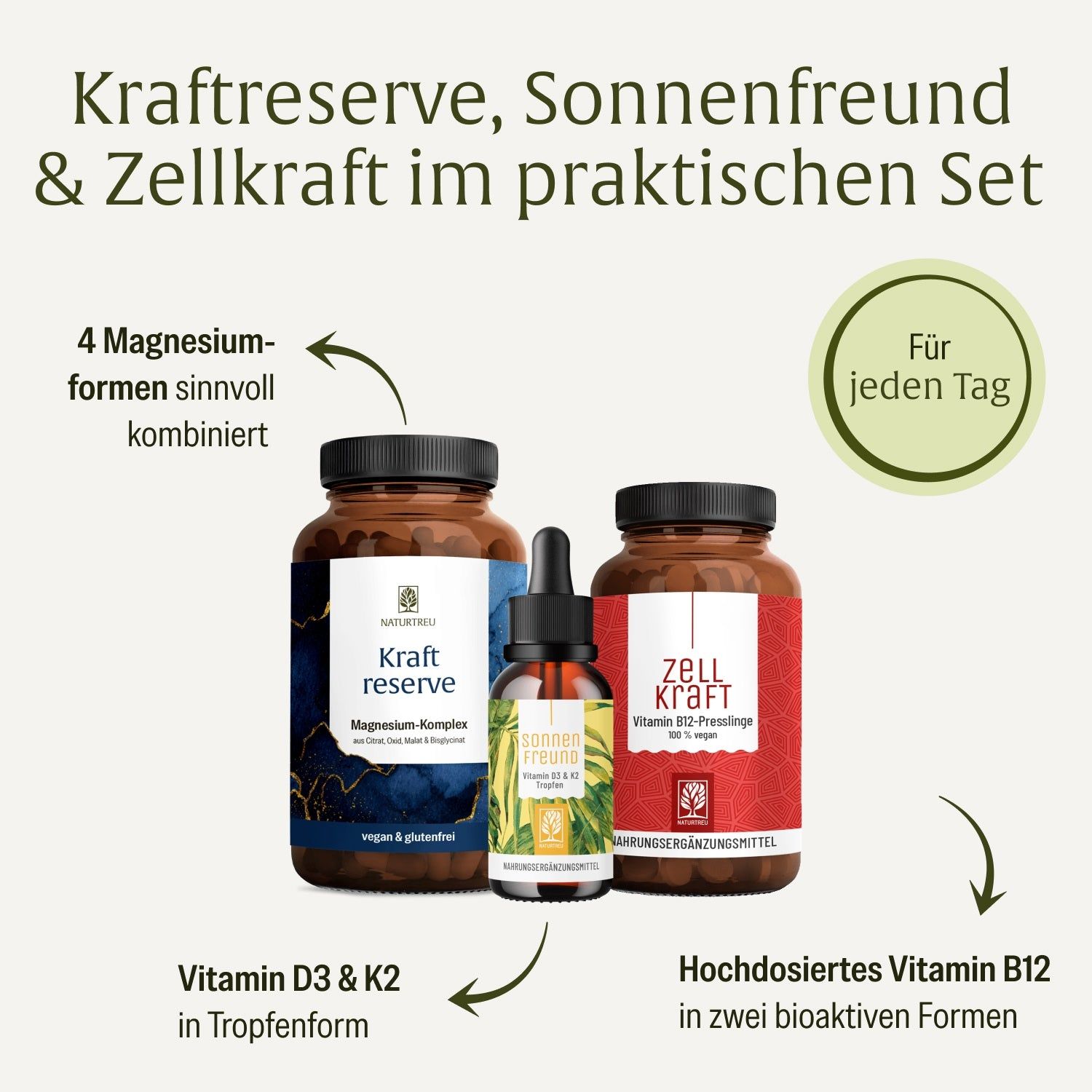 Drei Braunglasbehälter: zwei Flaschen und eine Pipettenflasche, mit Etiketten für 'Kraft reserve', 'Sonnenfreund' und 'Zellkraft'.