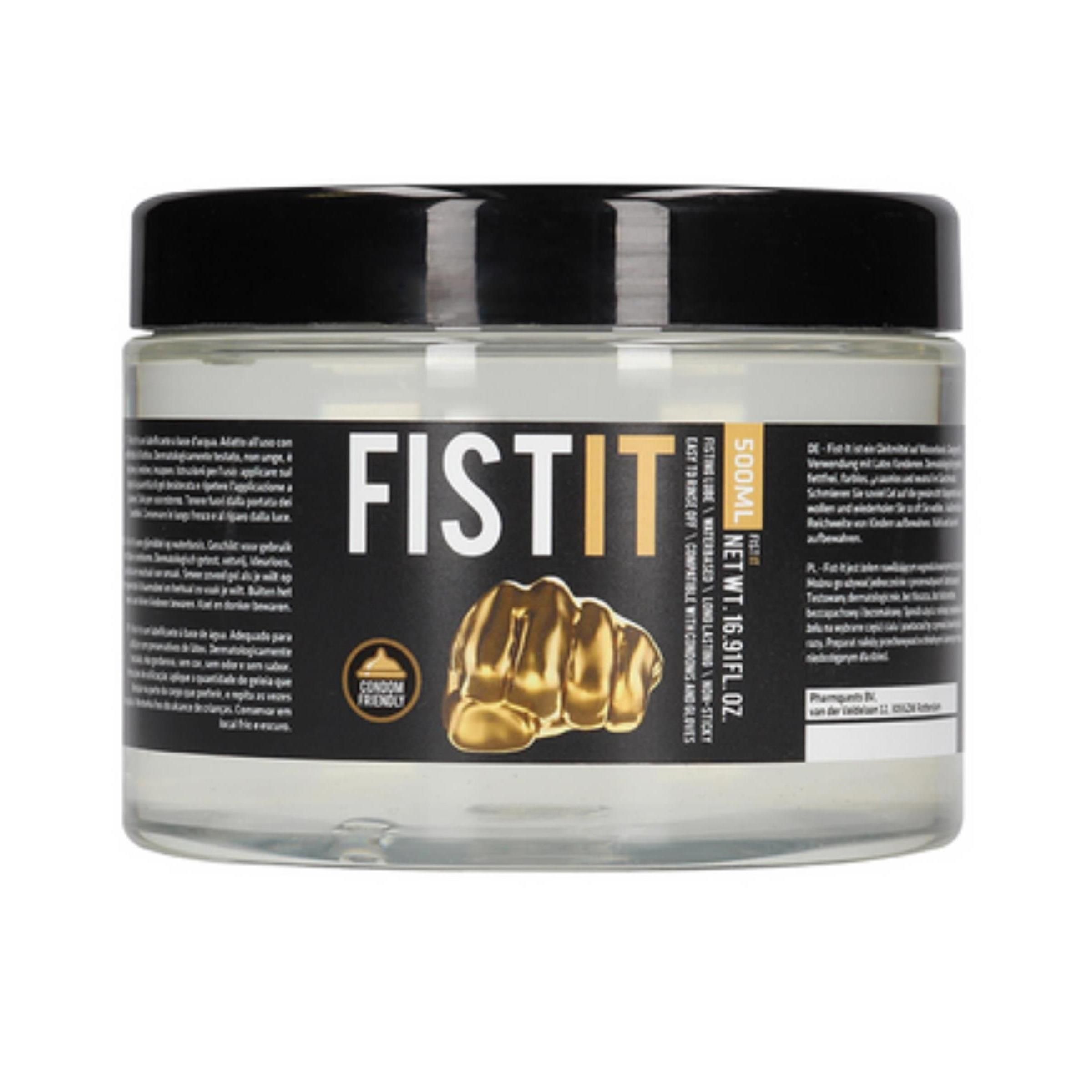 Behälter mit schwarzem Deckel. Aufschrift "FISTIT" und goldene Faust. Text in mehreren Sprachen. 500ml.