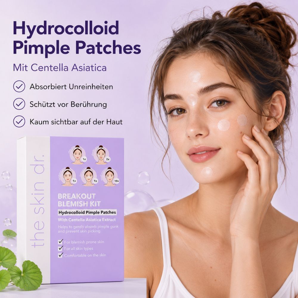 Gesichts-Patches auf Gesicht einer Frau. Packung mit Produktinformationen. Text: Hydrocolloid Pimple Patches, Mit Centella Asiatica.