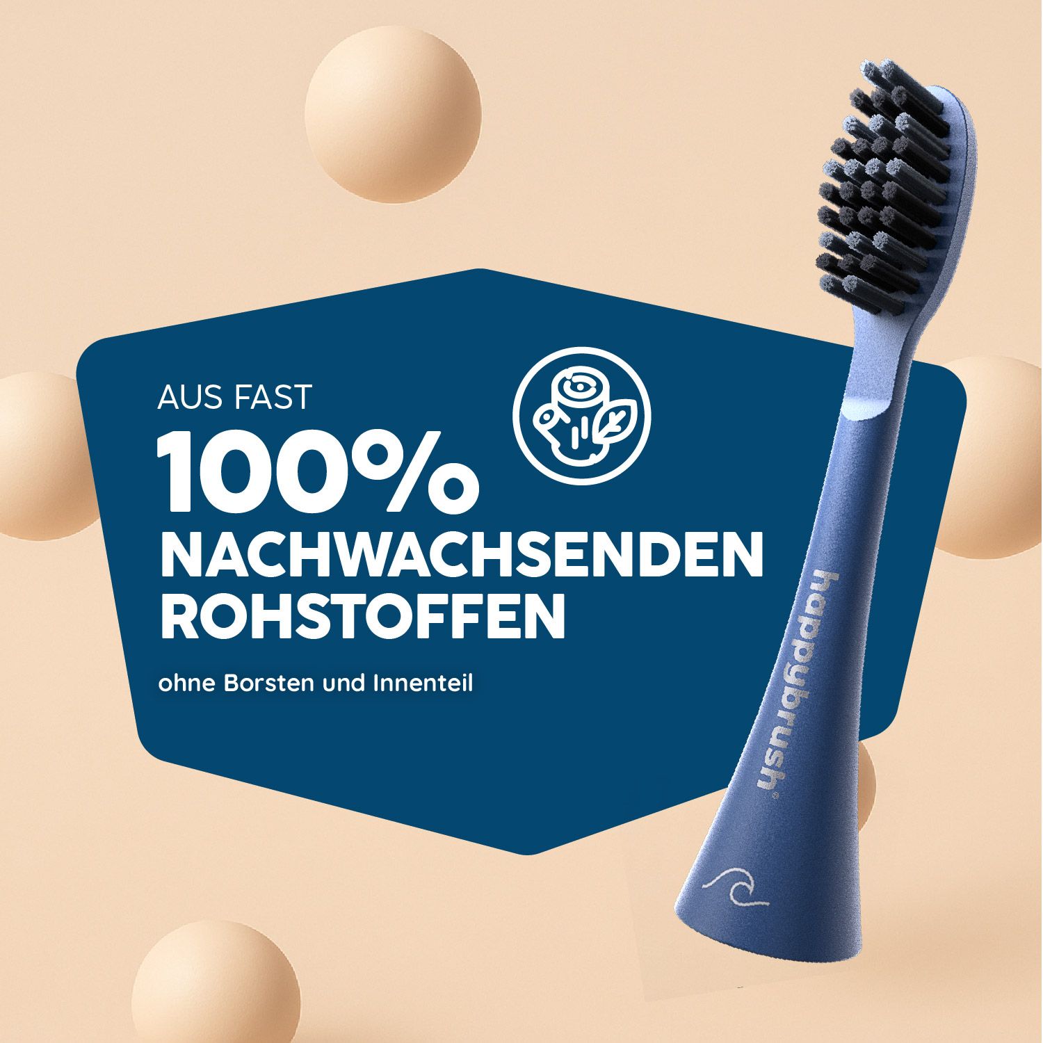 Zahnbürstenkopf mit blauem Griff und schwarzen Borsten. Text: 100% nachwachsende Rohstoffen. Ohne Borsten und Innenteil.