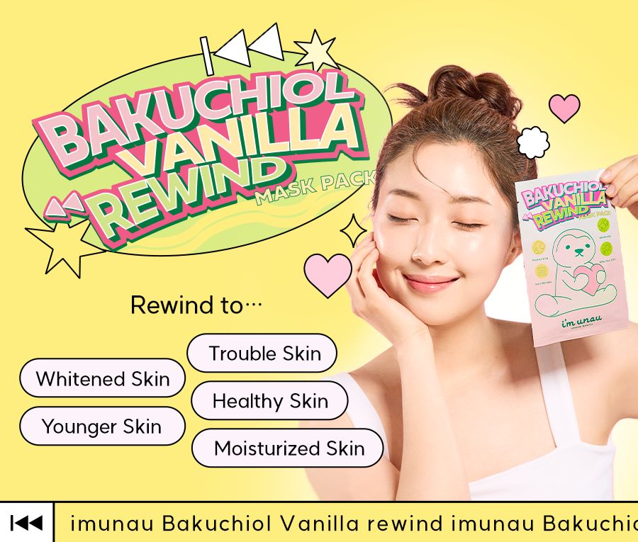Eine Frau hält eine Bakuchiol Vanilla Rewind Mask Pack. Aufschrift: Bakuchiol Vanilla Rewind Mask Pack, i'm unaau.