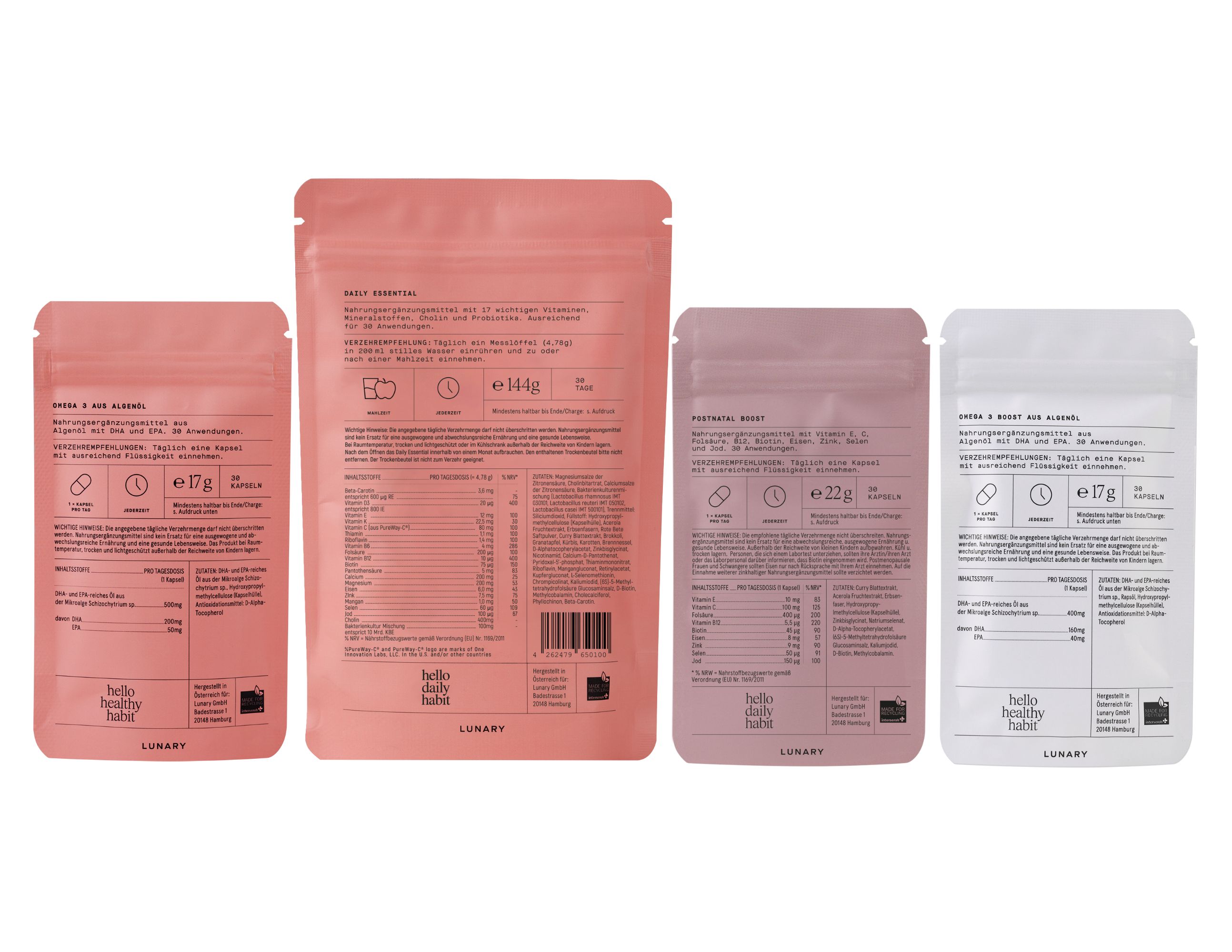 Rückseite von vier LUNARY Postnatal Set Beuteln. Produktinformationen, Inhaltsstoffe und Barcode.