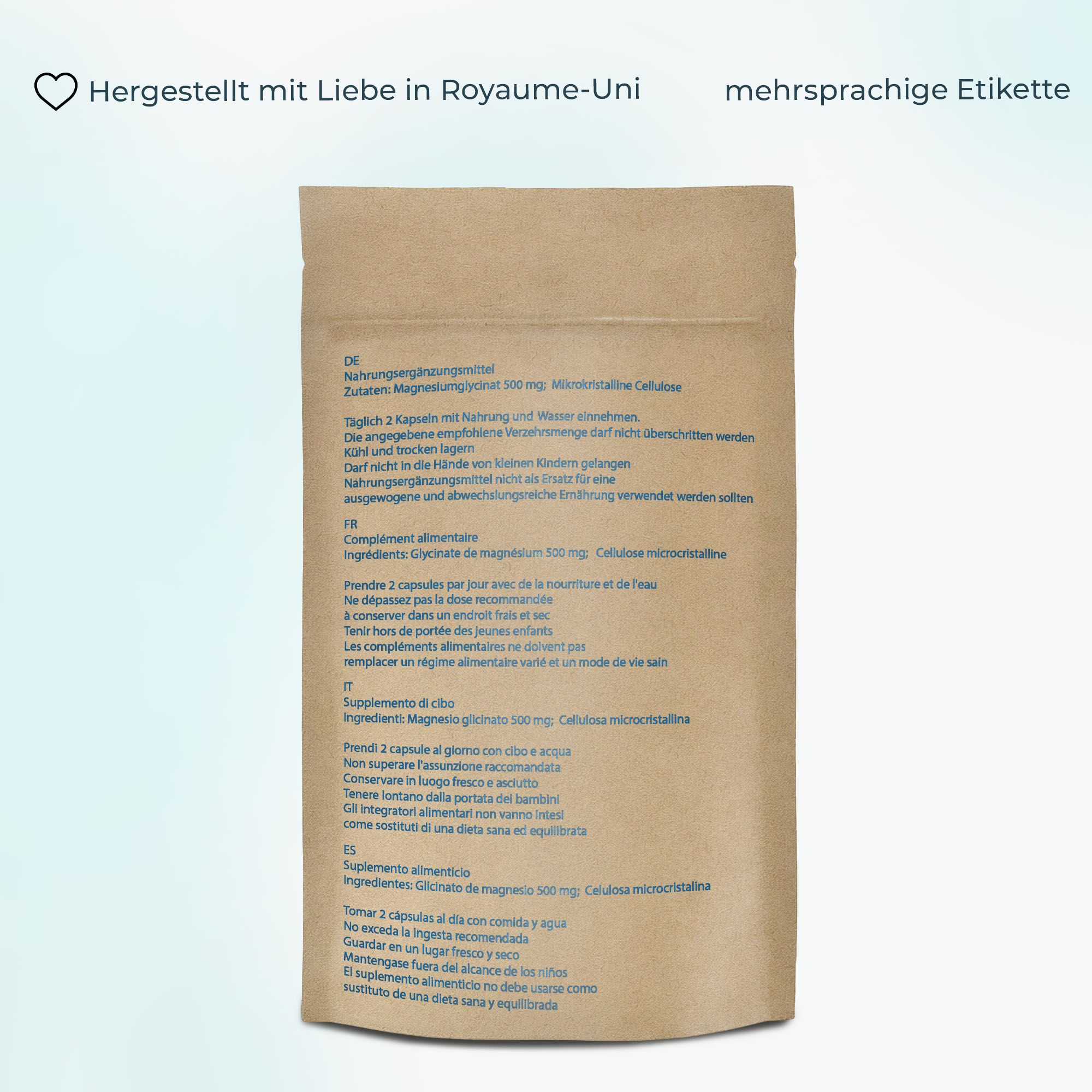 Rückseite einer Papiertüte mit Produktinformationen in mehreren Sprachen (DE, FR, IT, ES). Hergestellt im Vereinigten Königreich.