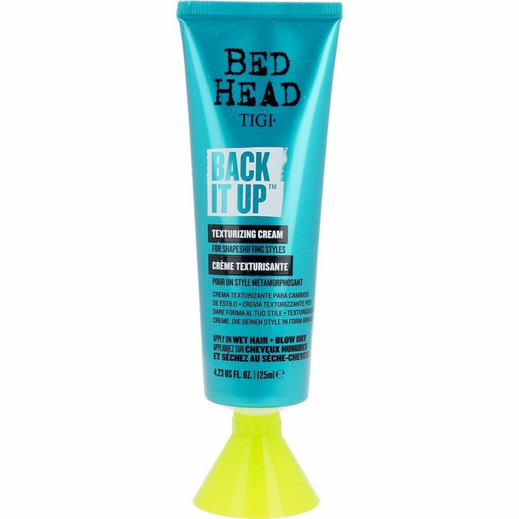 Türkisfarbene Tube mit gelbem Fuß. Aufschrift: Bed Head TIGI Back It Up Texturizing Cream. 125ml.