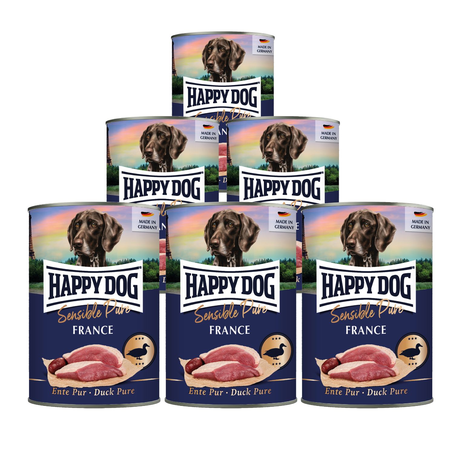 Mehrere Dosen Hundefutter, gestapelt. Aufschrift: HAPPY DOG Sensible Pure France. Abbildung einer Ente.