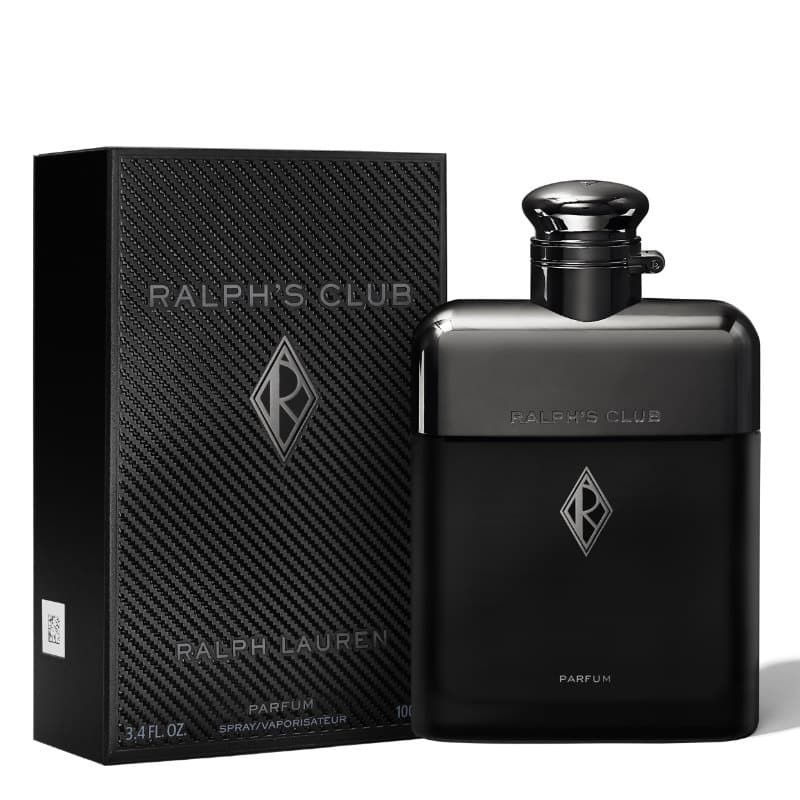 Schwarzer Flakon und Schachtel. Aufschrift RALPH'S CLUB, RALPH LAUREN, PARFUM. Flakon mit silbernem Verschluss und Logo.