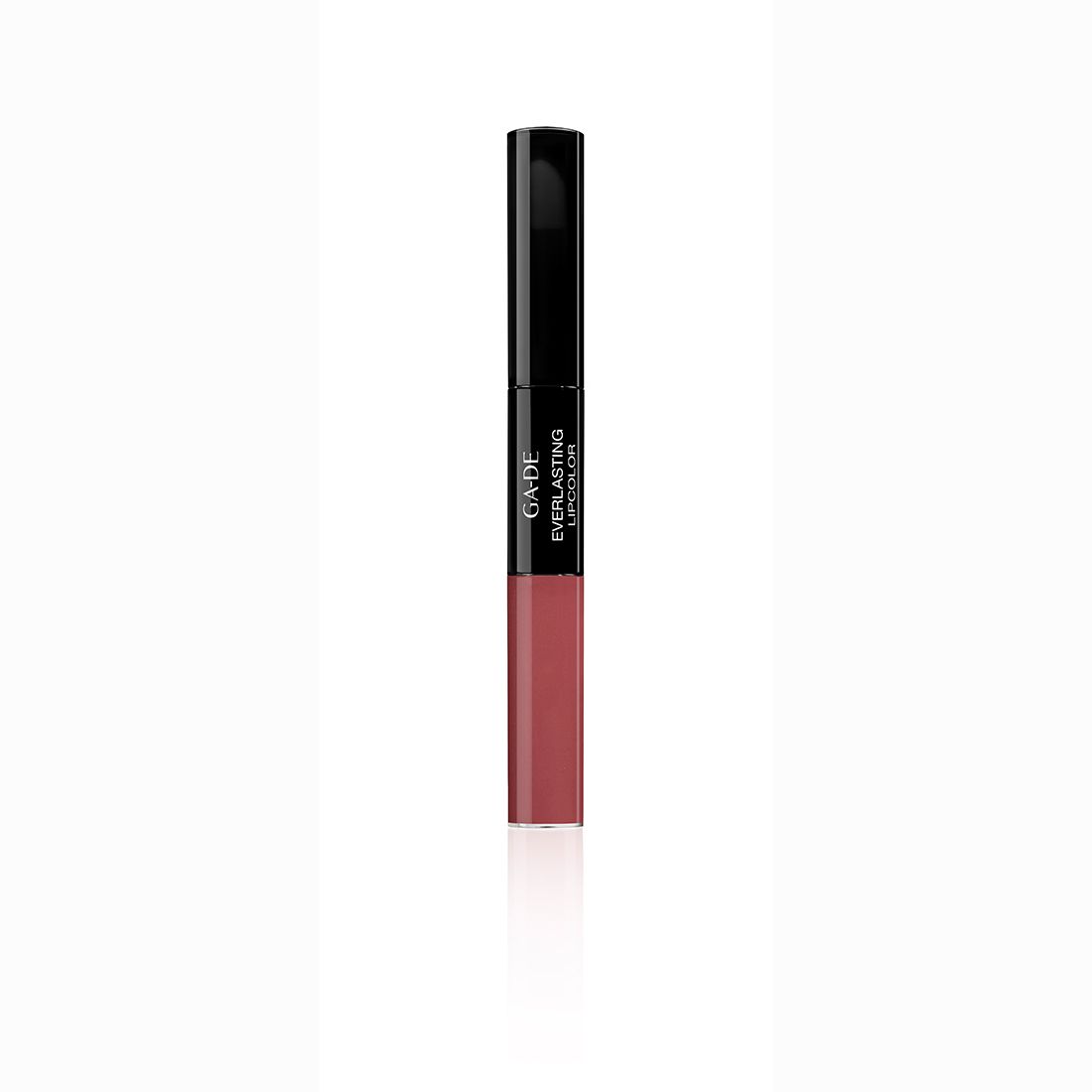 Ga-De Everlasting Lipcolor. Zweiteiliger Lippenstift, schwarz-rosa. Mit Schriftzug: GA-DE EVERLASTING LIPCOLOR.
