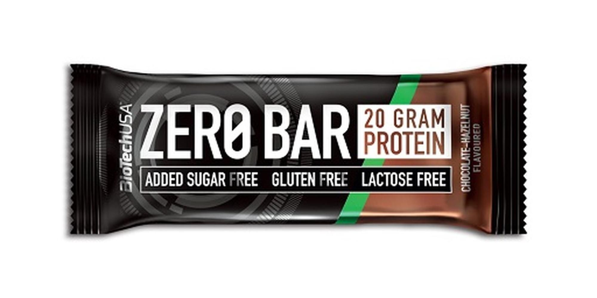 Einzelne Proteinriegel-Verpackung. Aufdruck: Zero Bar, 20 g Protein, zuckerfrei, glutenfrei, laktosefrei, Geschmacksrichtung Schoko-Haselnuss.