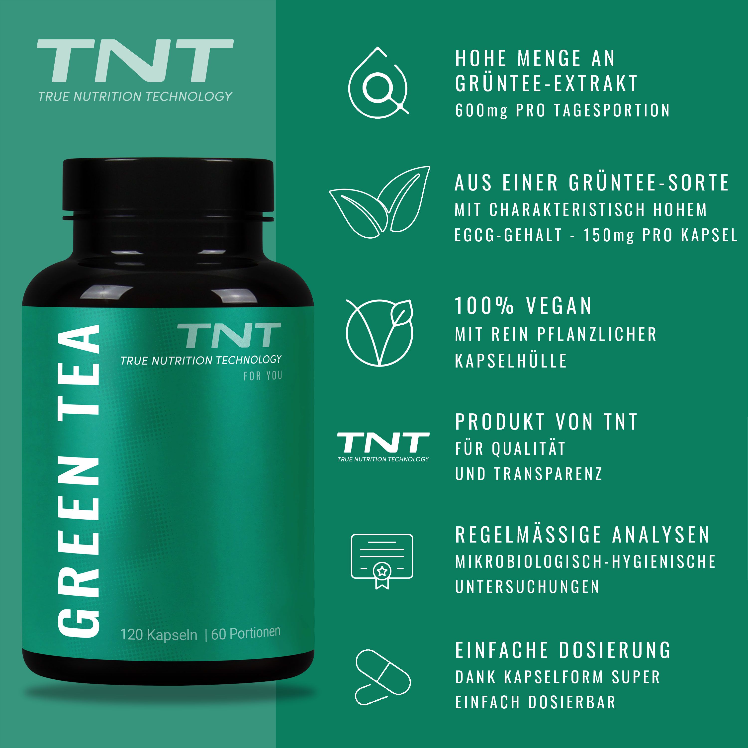 TNT Grüner Tee Kapseln mit Informationen zu Inhaltsstoffen und Dosierung.