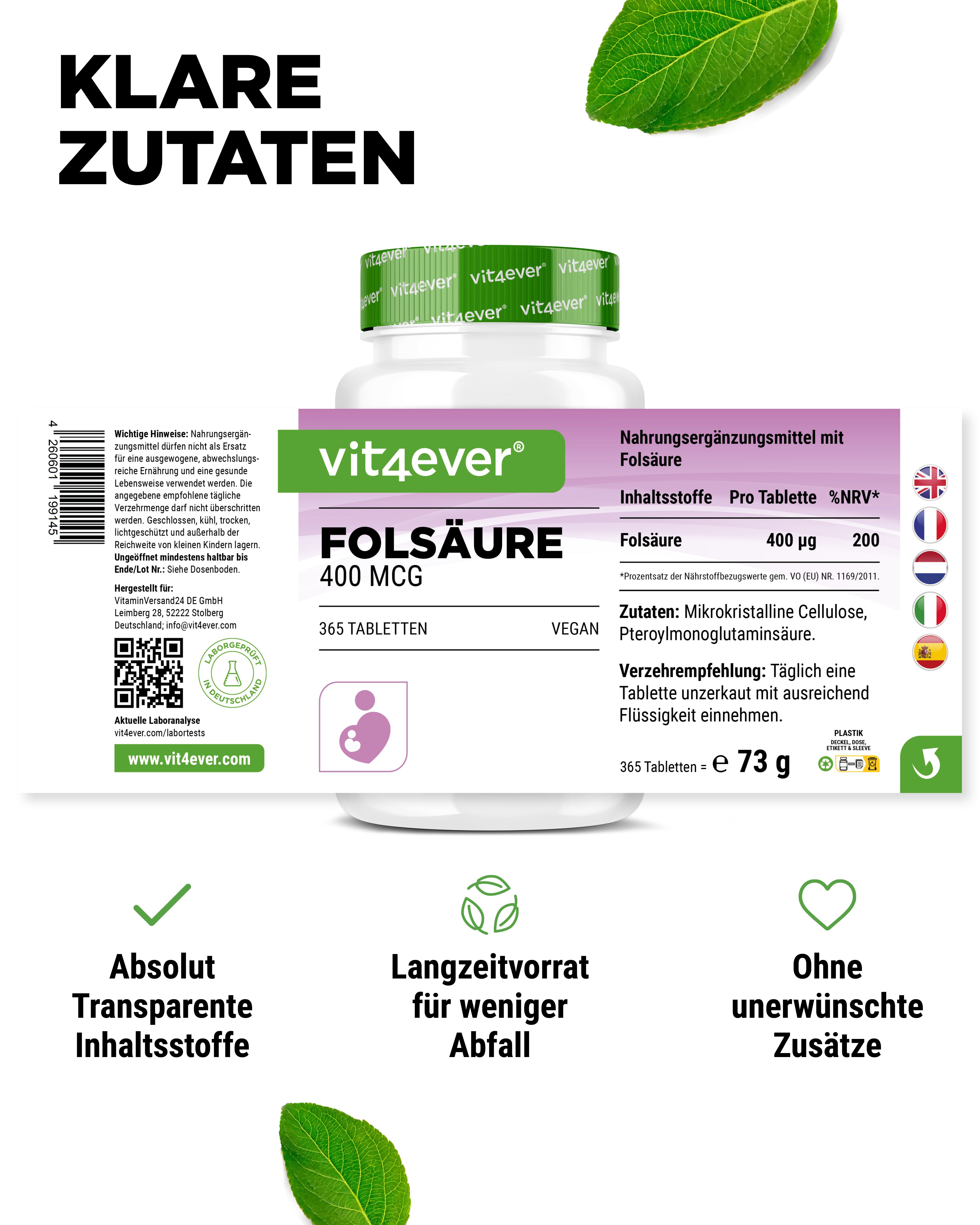 Flasche mit Folsäure-Tabletten. Aufschrift: Folsäure 400 mcg, 365 Tabletten, vegan. Logo: vit4ever. Etikett mit Inhaltsstoffen und Verzehrempfehlung.