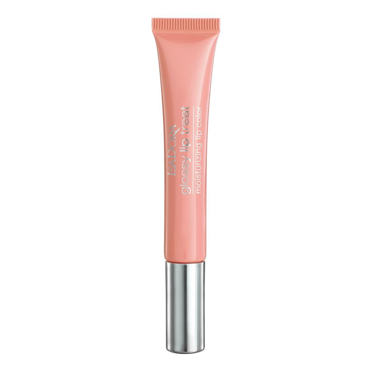 IsaDora Glossy Lip Treat. Rosa Lippenfarbe in Tube mit silbernem Deckel. Text: Glossy Lip Treat, moisturizing lip color.