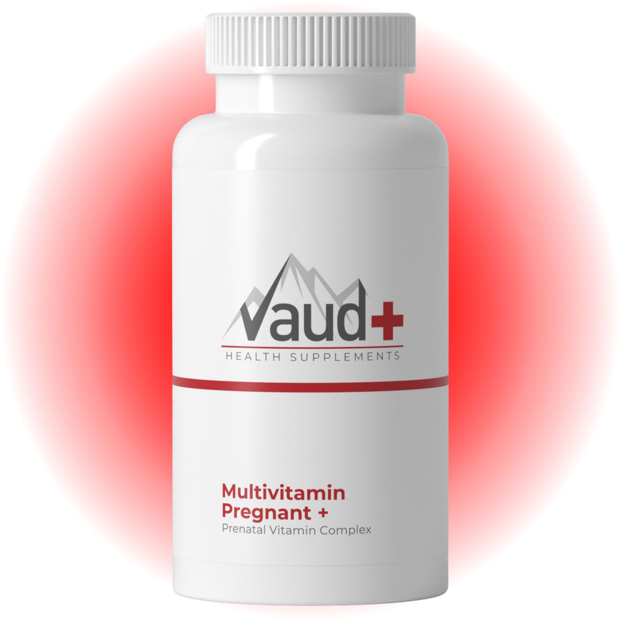 Weiße Flasche mit rotem Akzent. Aufschrift: Vaud+ Health Supplements, Multivitamin Pregnant + Prenatal Vitamin Complex.
