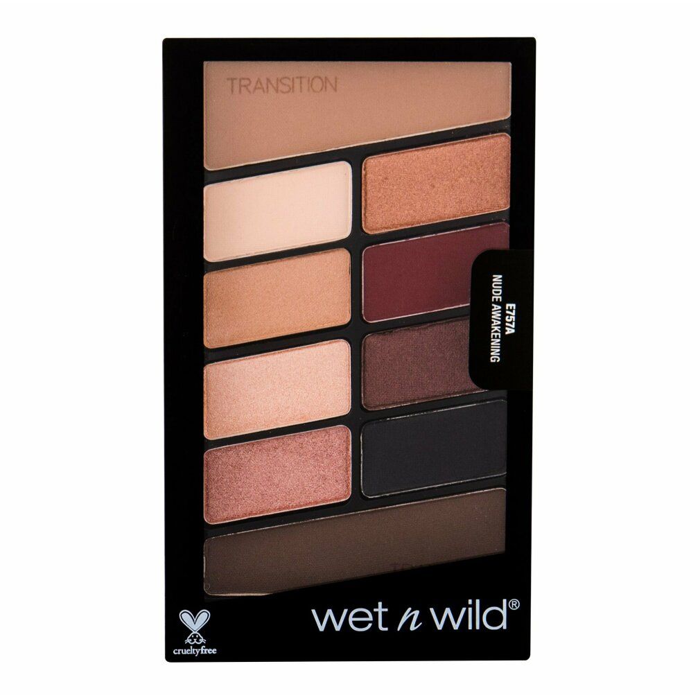 Palette mit 10 Lidschattenfarben. Schwarze Verpackung mit Produktnamen und Cruelty-Free-Logo. Verschiedene Brauntöne.