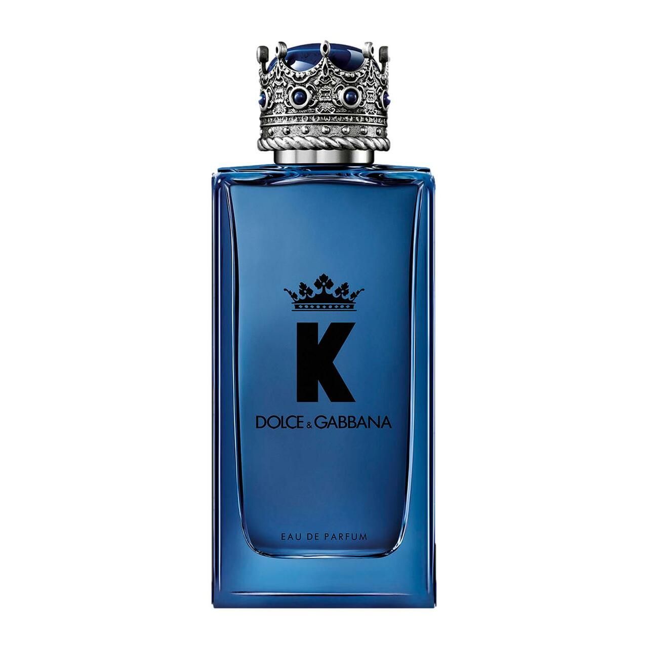 Blaues Parfümflakon mit silberner Krone. Schwarzes "K" und "Dolce & Gabbana" Schriftzug. "Eau de Parfum" darunter.