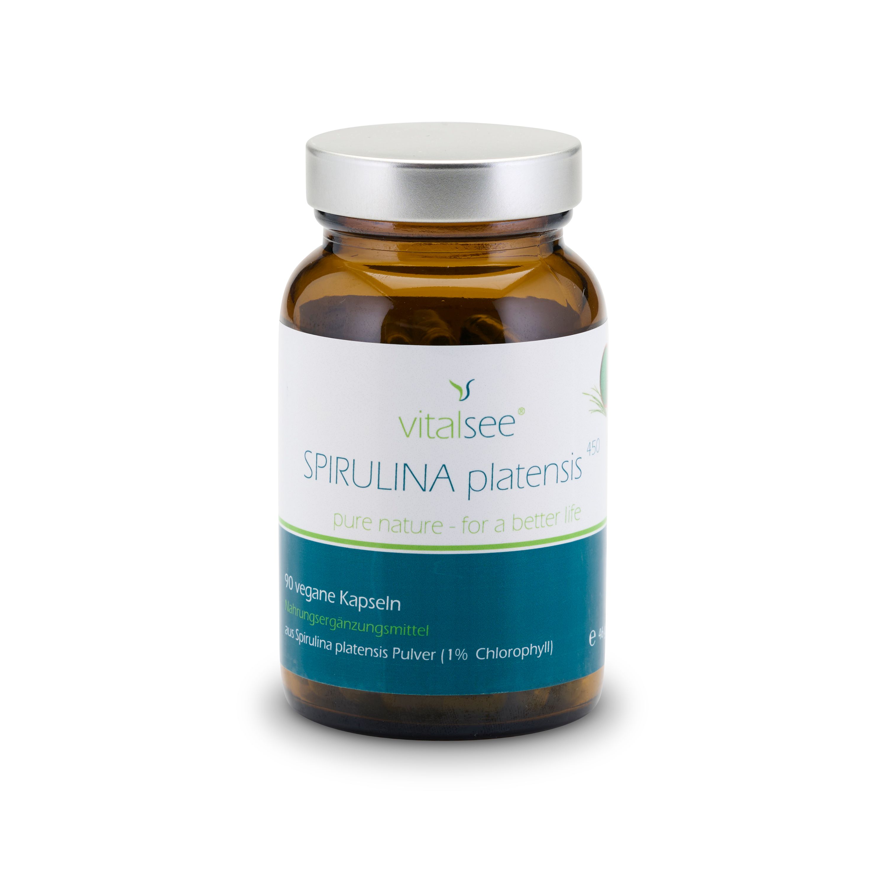 Braune Glasflasche mit silbernem Deckel. Etikett mit "Vitalsee SPIRULINA platensis". Vegan, 90 Kapseln.