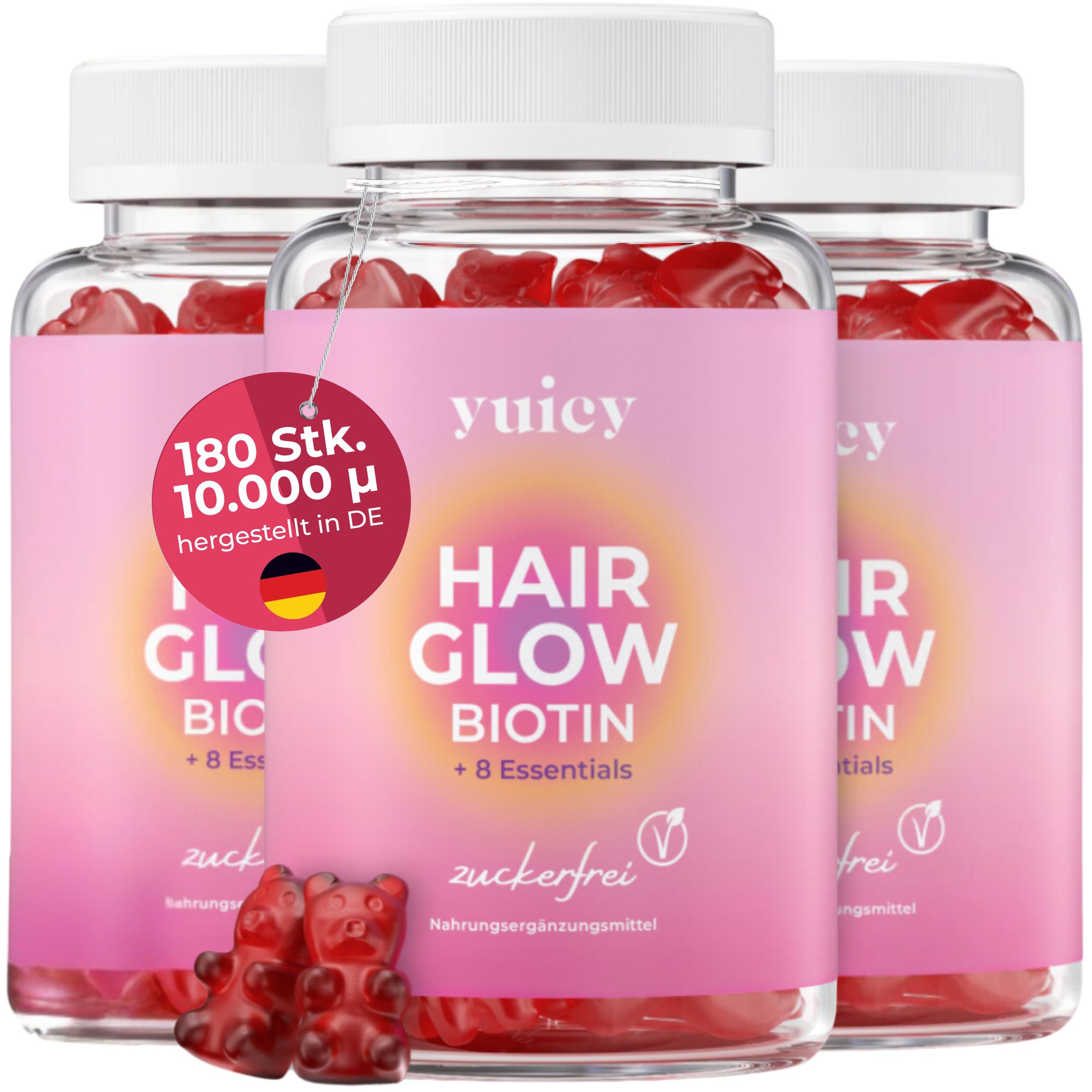 Drei Flaschen yuicy® Hair Biotin Gummies. Auf jeder Flasche steht: Hair Glow Biotin + 8 Essentials, zuckerfrei. Anhänger mit 180 Stück.