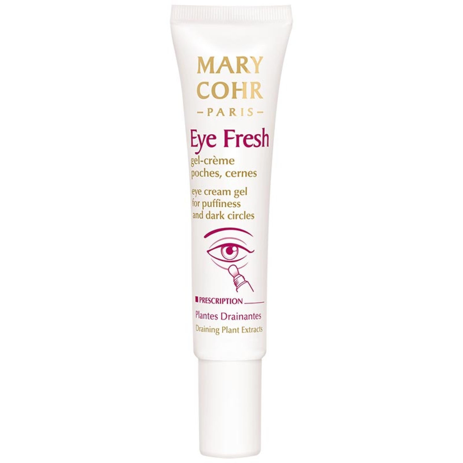 Weiß-cremefarbene Tube mit Aufschrift MARY COHR PARIS Eye Fresh. Illustration eines Auges mit Applikator. Text: gel-crème poches, cernes.