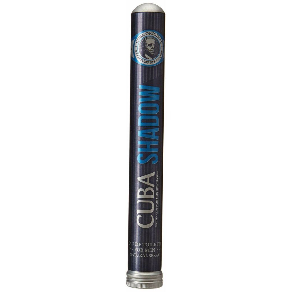 Zylinderförmige Verpackung für Eau de Toilette Spray. Blau-schwarzer Hintergrund mit weißer Schrift. Silberne Kappe.