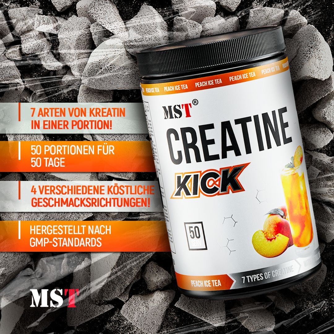 Dose mit Aufschrift: MST Creatine Kick, 50 Portionen. Pfirsich-Eistee-Geschmack. 7 Arten von Kreatin. GMP-Standards.