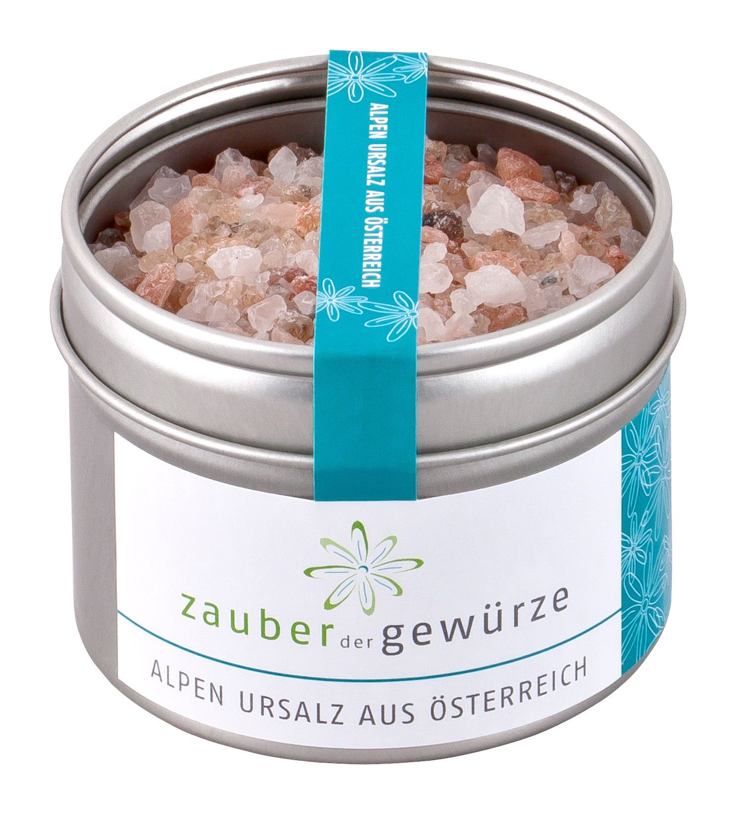 Runde Dose mit Alpen-Ursalz. Türkisfarbenes Etikett mit Produktnamen und Logo. Salz in groben Kristallen sichtbar.