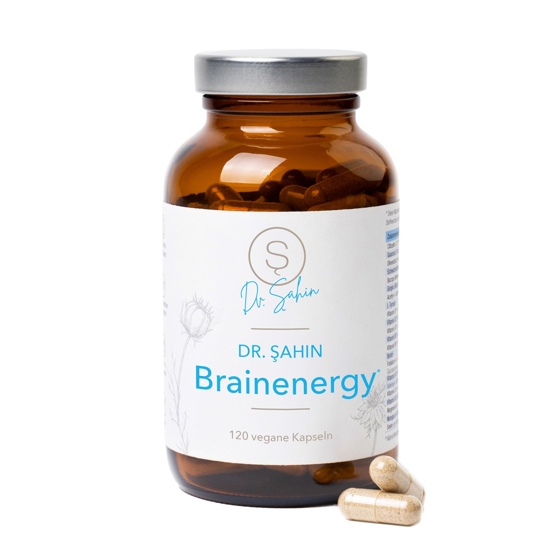 Braune Glasflasche mit Kapseln. Aufschrift: Dr. Şahin Brainenergy. 120 vegane Kapseln. Zwei Kapseln liegen daneben.