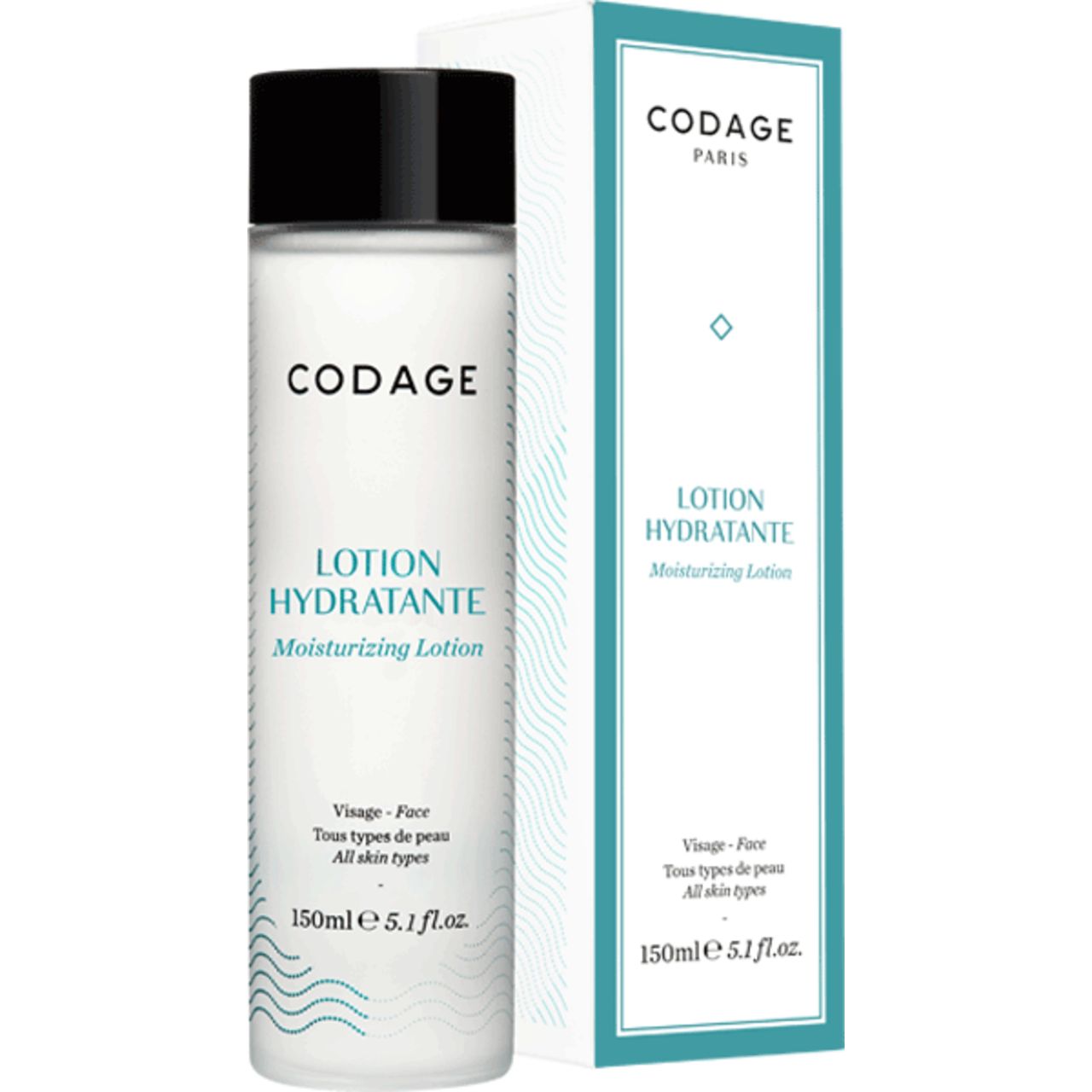 Codage Lotion und Verpackung. Weiße Flasche mit schwarzem Deckel. Aufschrift: Lotion Hydratante. Für alle Hauttypen. 150ml.