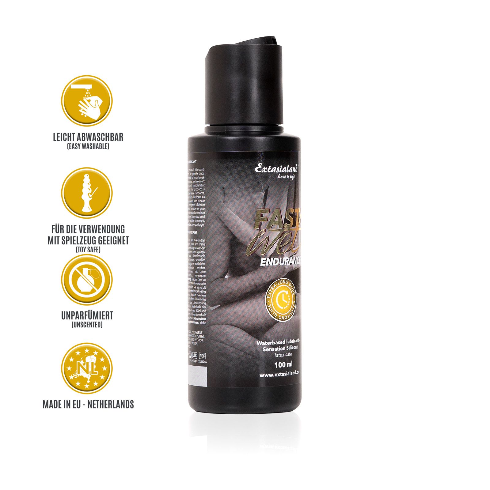 Schwarze Flasche mit gelben Symbolen und Text. Aufschrift: FAST WET Endurance. Enthält Informationen über das Produkt.