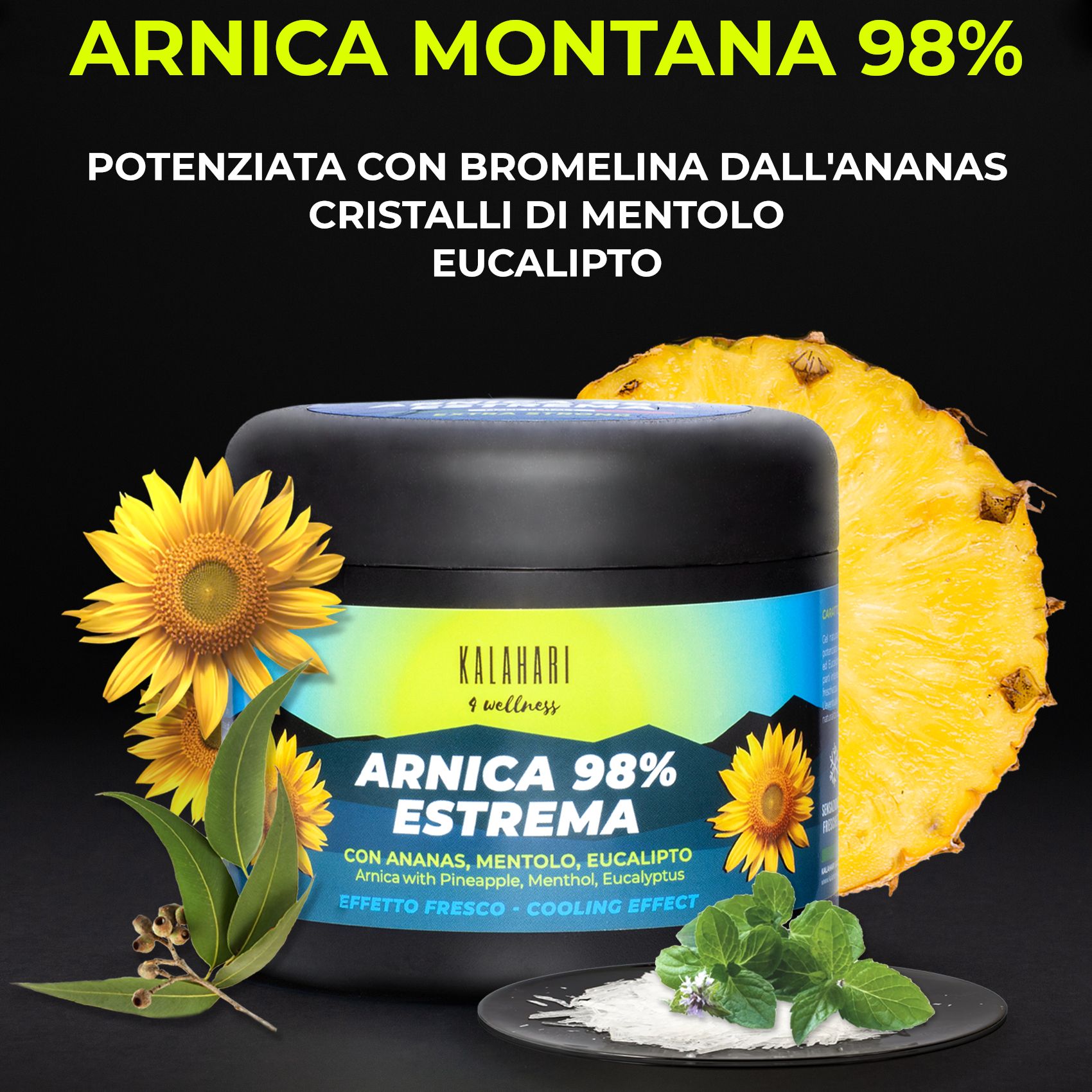 Tiegel KALAHARI Arnika 98% ESTREMA neben Ananas, Minze und Eukalyptusblättern.