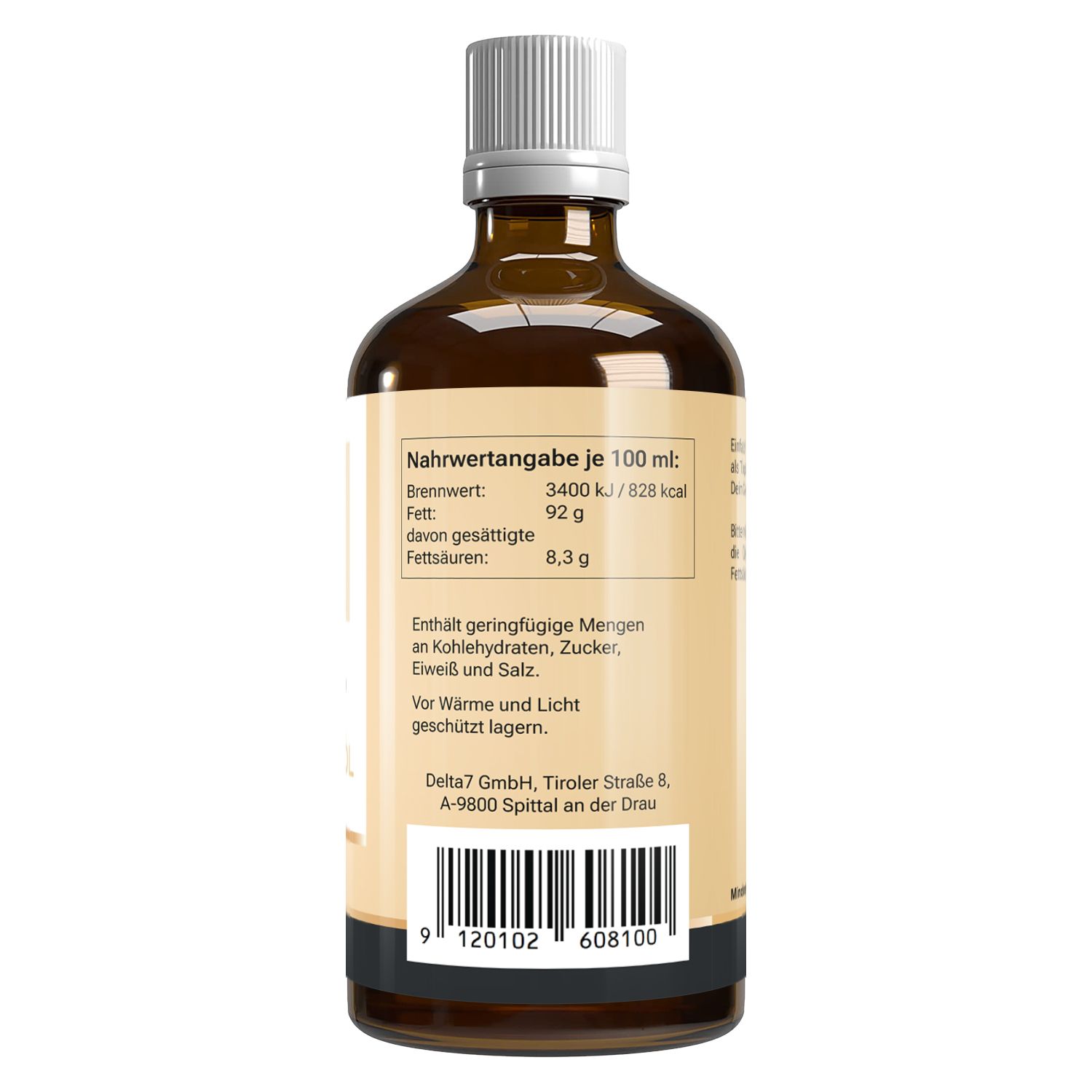 Rückseite einer braunen Glasflasche mit weißem Deckel und Etikett. Nährwertangaben und Barcode.