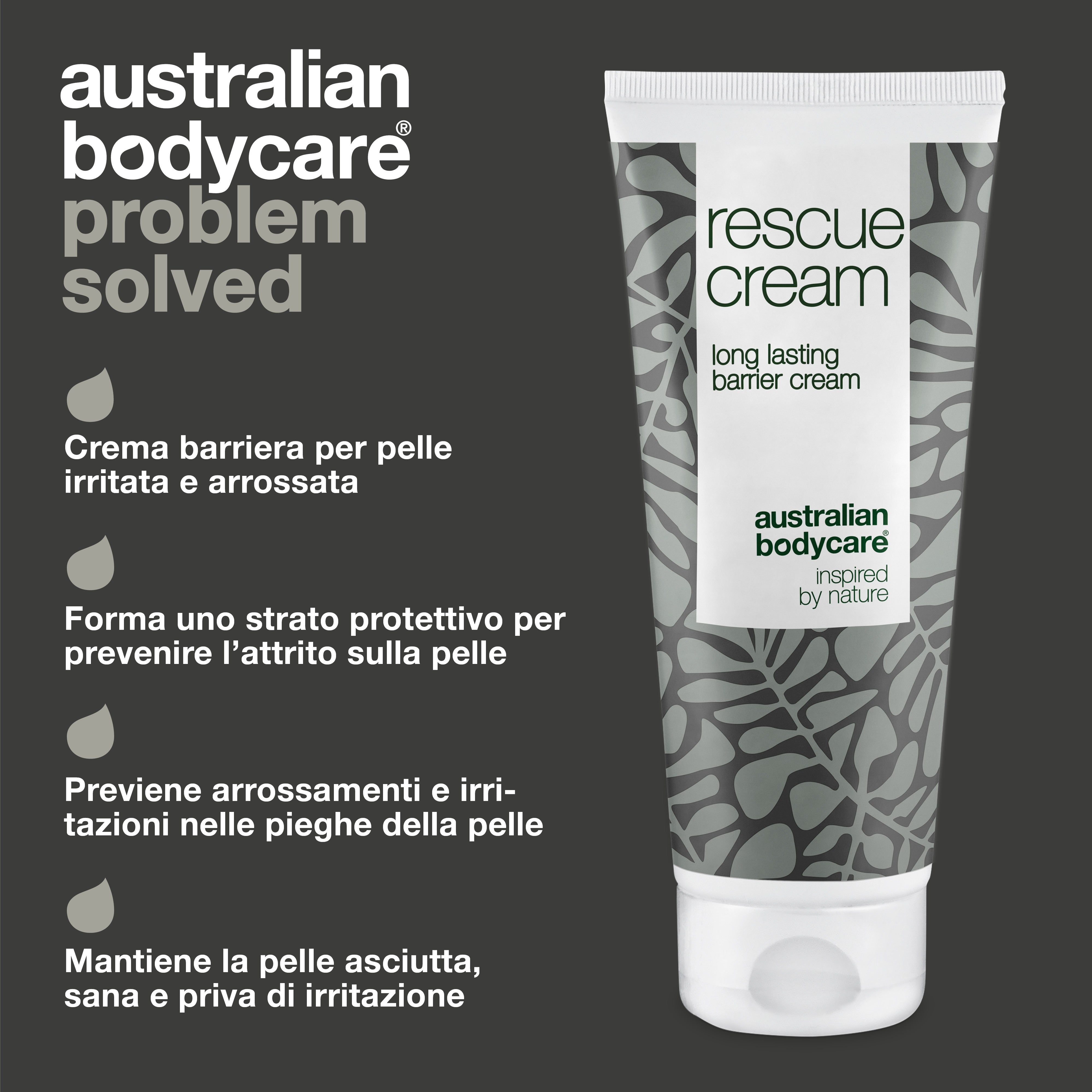Tubo di crema e testo. Scritta: rescue cream, long lasting barrier cream. Marchio: Australian Bodycare.