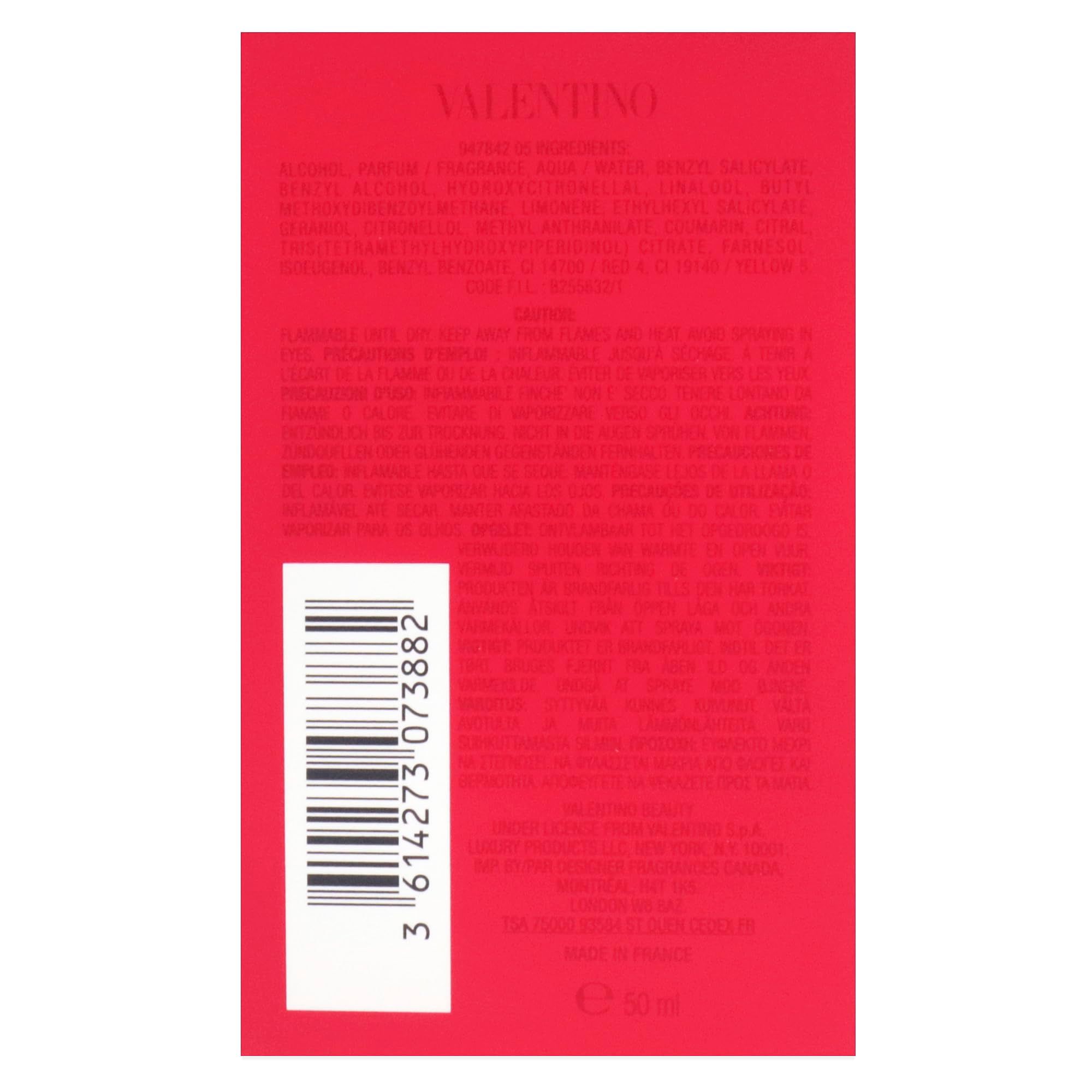 Rote Verpackung, Rückseite mit Barcode und Text. 50 ml.