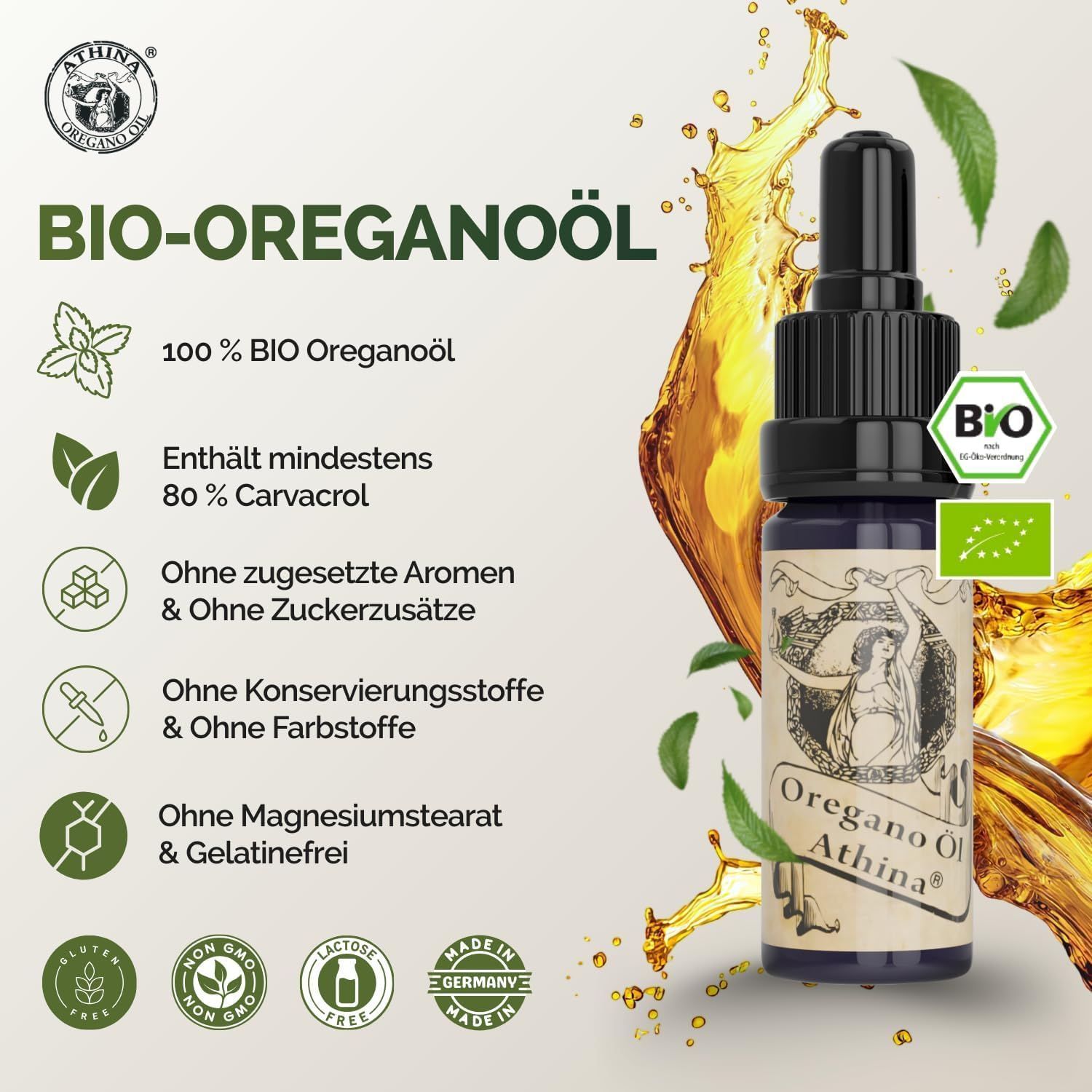 Dunkelbraune Glasflasche mit Pipette, gefüllt mit BIO Oregano Öl. Enthält 80% Carvacrol. Ohne Zusatzstoffe.