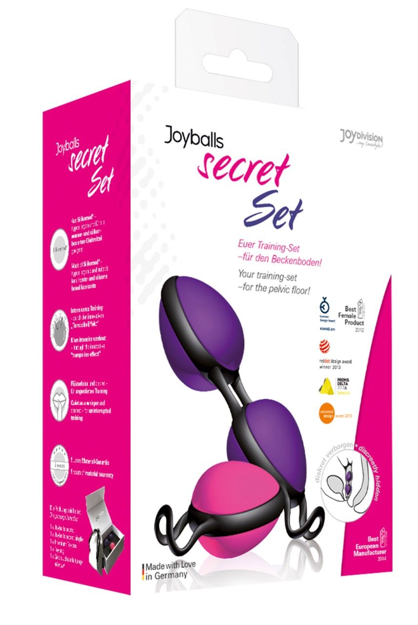 Verpackung mit Produkt. Lila und pinkfarbene Kugeln mit schwarzem Verbindungsstück. Text: secret Set, Ever Training-Set.