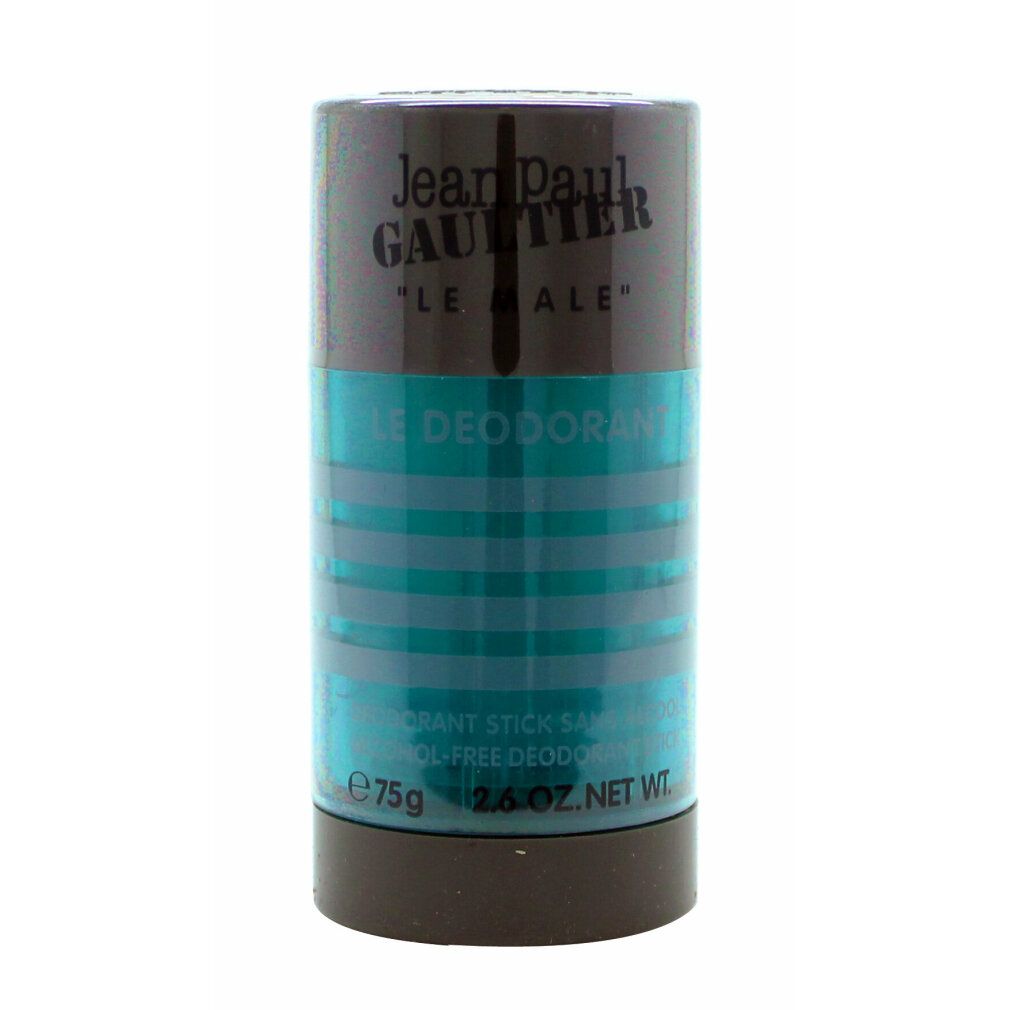 Deo-Stick von Jean Paul Gaultier. Zylindrische Form, blau-gestreift. Schwarzer Deckel und Boden. Schriftzug "LE MALE".