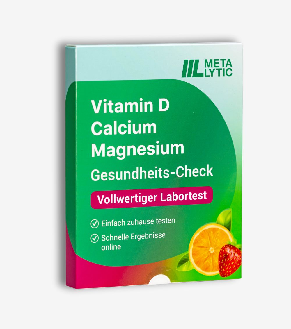 Verpackung mit Aufschrift: Vitamin D, Calcium, Magnesium, Gesundheits-Check, Vollwertiger Labortest. Logo: Metalyic.