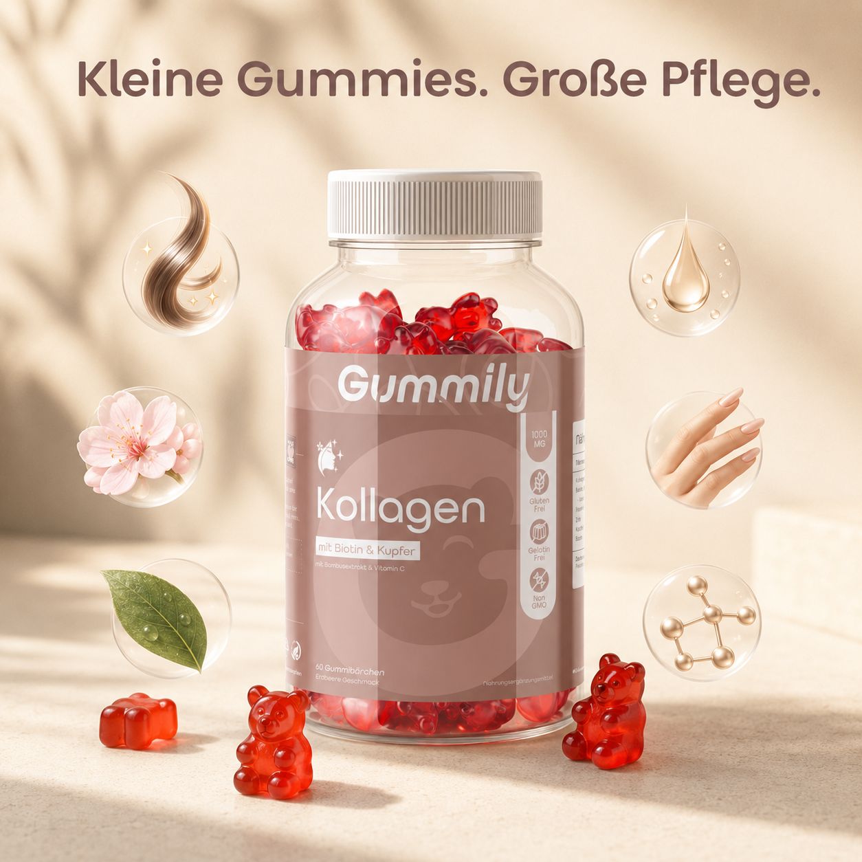 Gummily Kollagen Flasche mit roten Gummibärchen. Umgeben von Icons für Haare, Haut, Nägel und Moleküle.