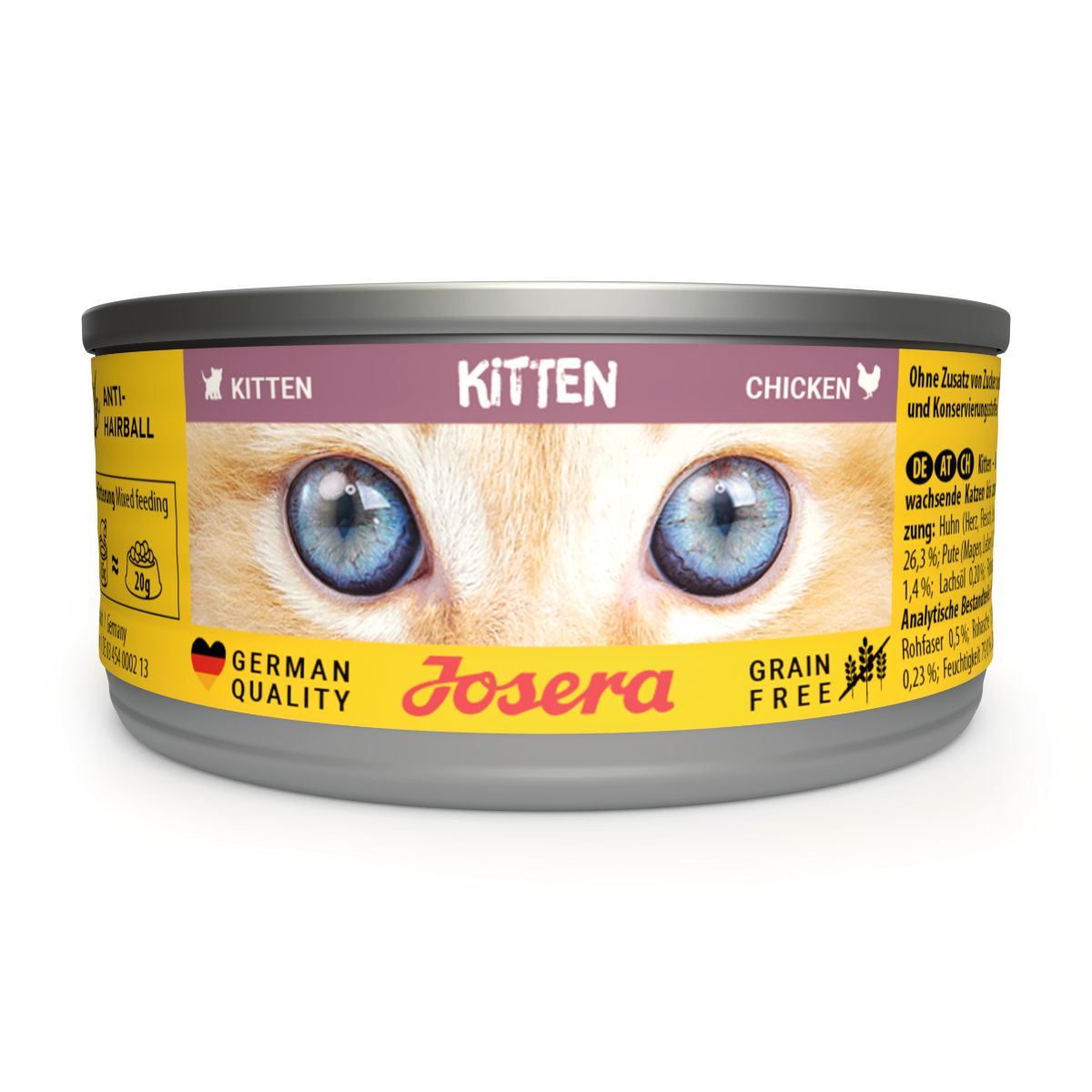 JOSERA Kitten Chicken Katzenfutterdose. Aufdruck: Kitten, Chicken, Augen einer Katze. Gelb-lila Etikett, deutsche Qualität.
